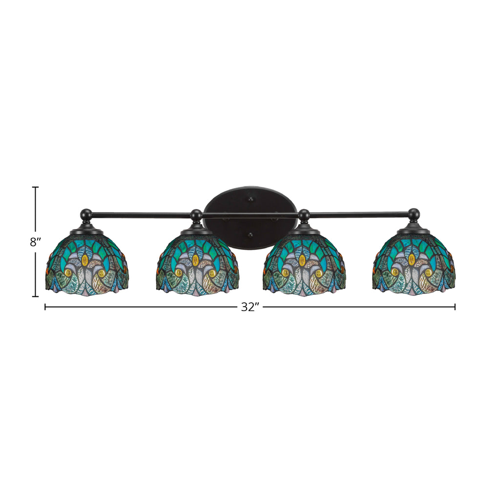 Capri Four Light Bath Bar in Matte Black with 7" Turquoise Cypress Art Glass Shade