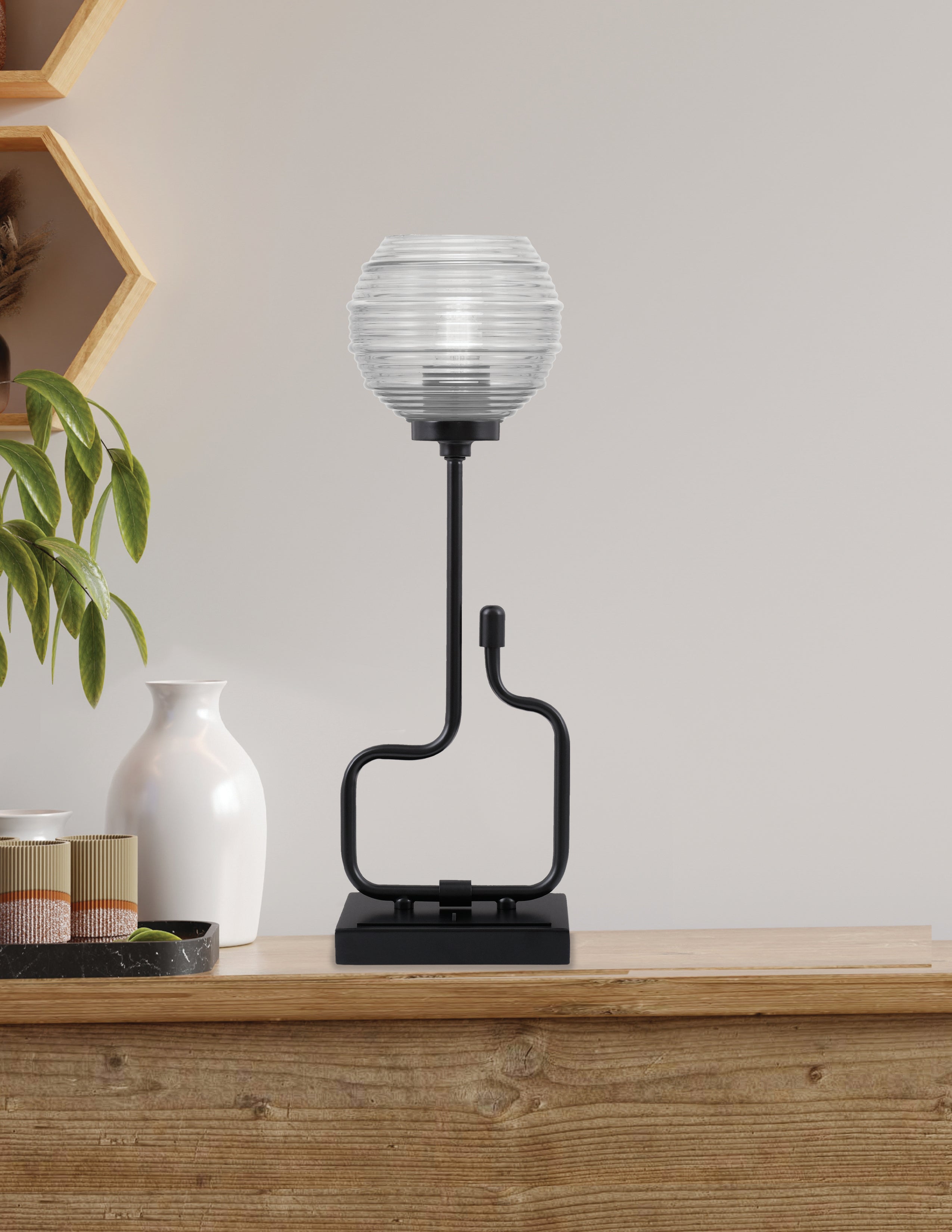Sandia One Light Accent Lamp in Matte Black with Clear Ribbed Shade