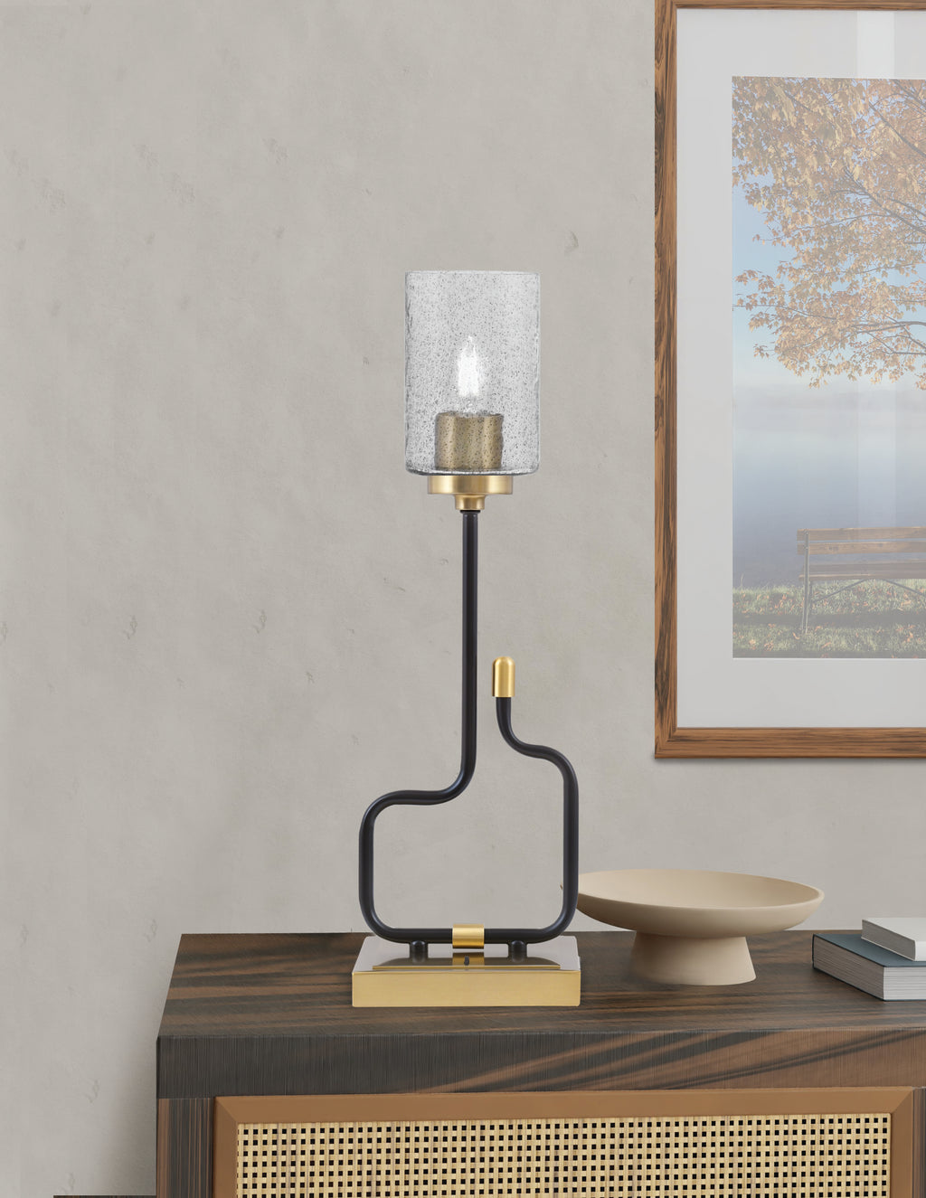 Sandia One Light Accent Lamp in Matte Black & New Age Brass with Smoke Bubble Shade