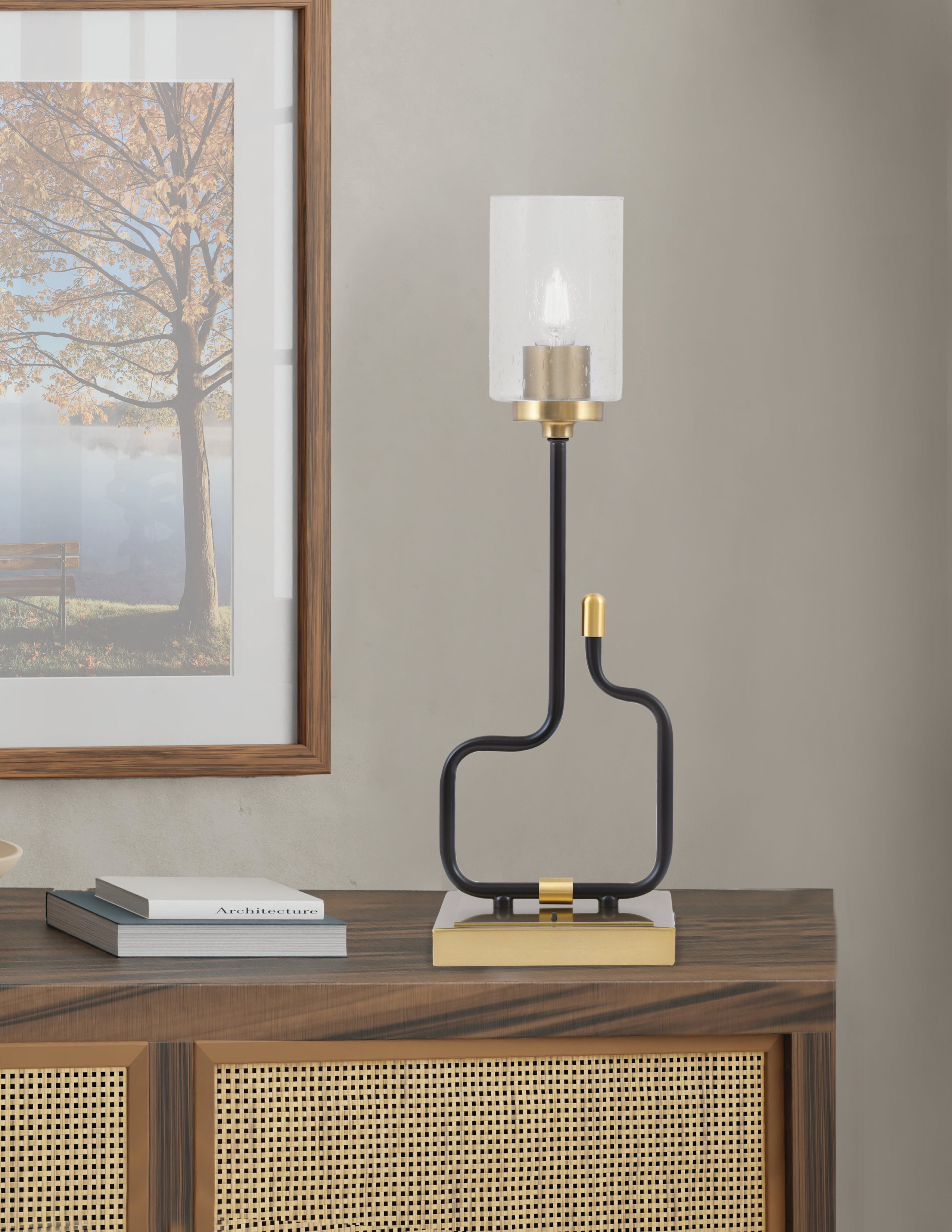 Sandia One Light Accent Lamp in Matte Black & New Age Brass with Clear Bubble Shade