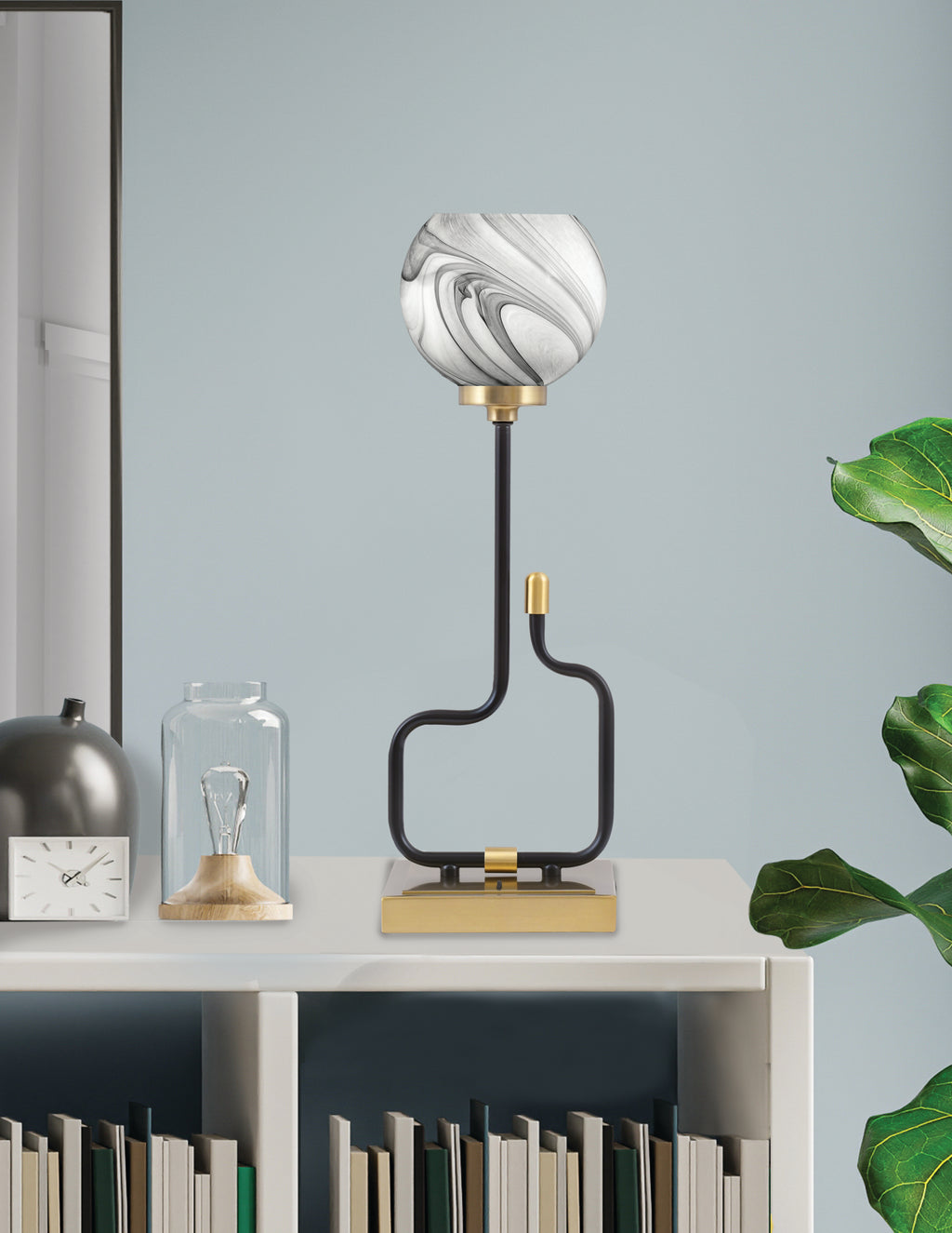 Sandia One Light Accent Lamp in Matte Black & New Age Brass with Onyx Swirl Shade