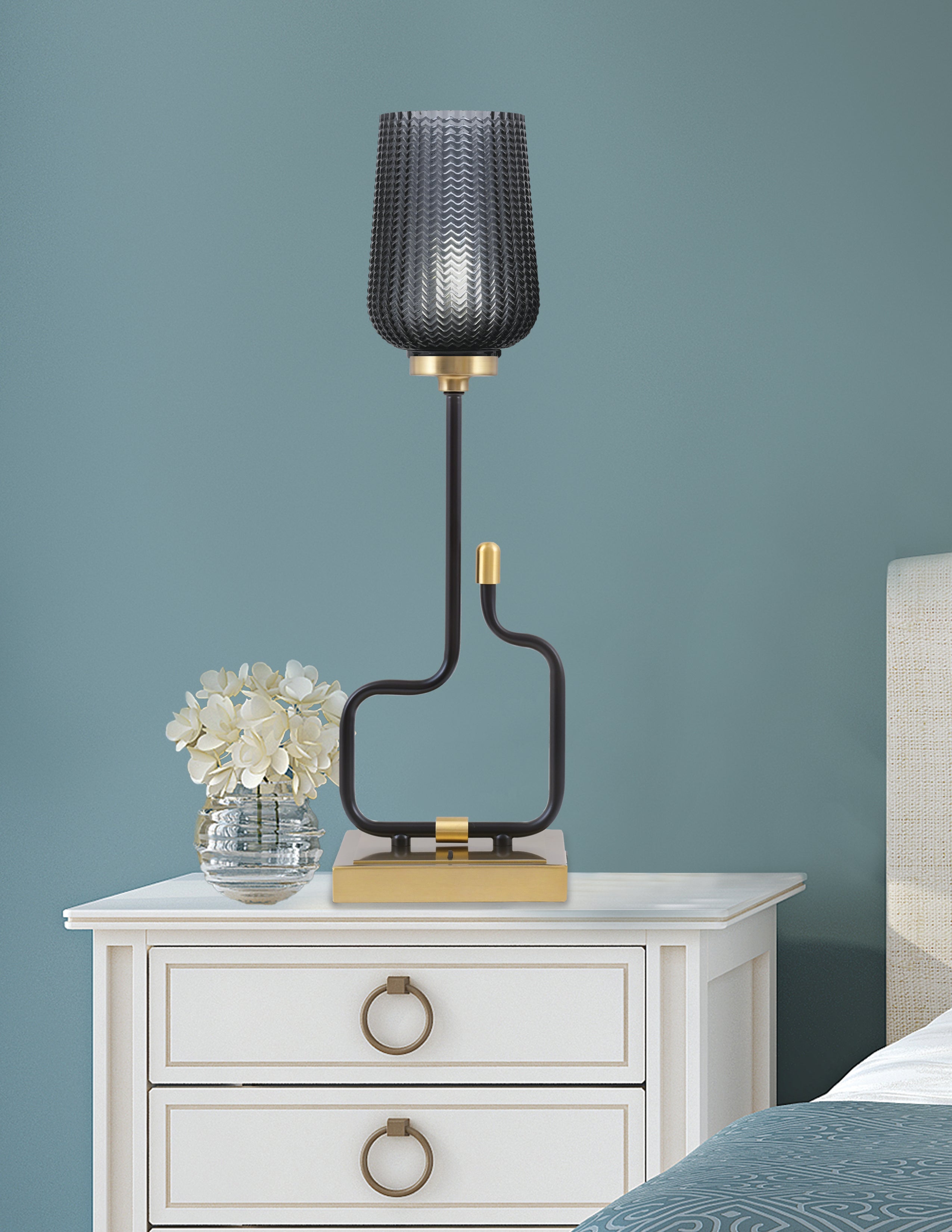 Sandia One Light Accent Lamp in Matte Black & New Age Brass with Smoke Textured Shade
