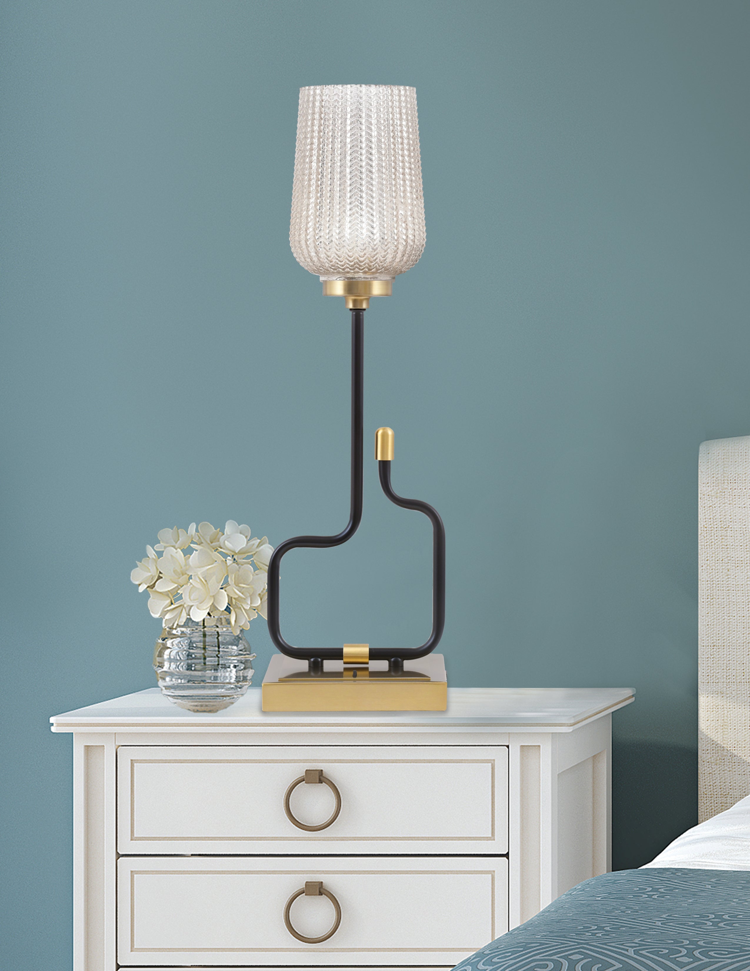 Sandia One Light Accent Lamp in Matte Black & New Age Brass with Silver Textured Shade