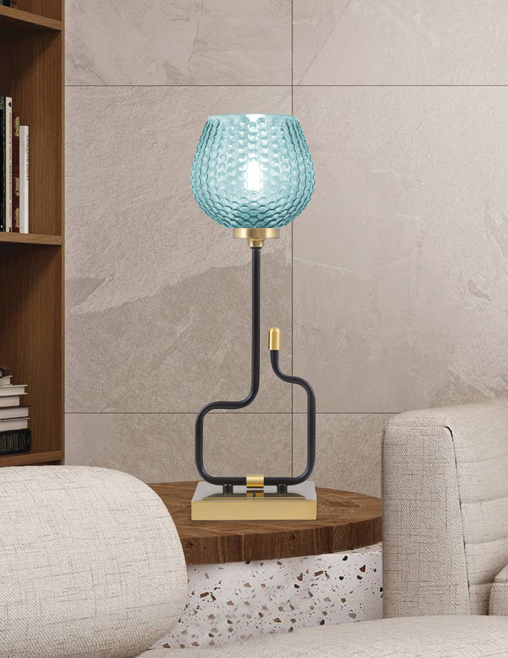 Sandia One Light Accent Lamp in Matte Black & New Age Brass with Turquoise Textured Shade