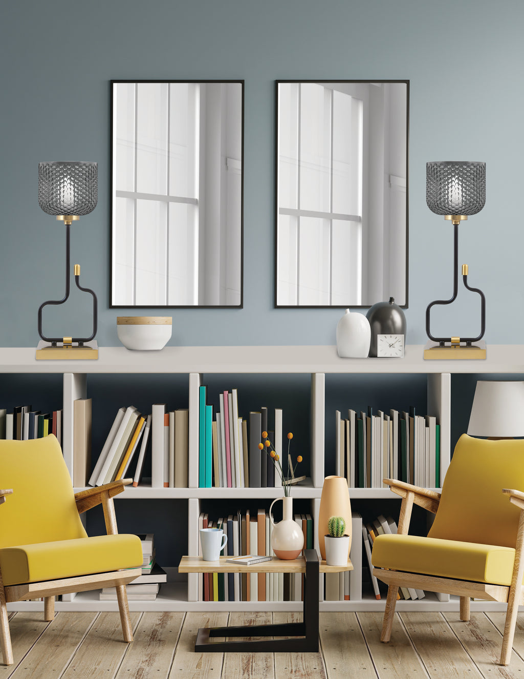 Sandia One Light Accent Lamp in Matte Black & New Age Brass with Smoke Textured Shade