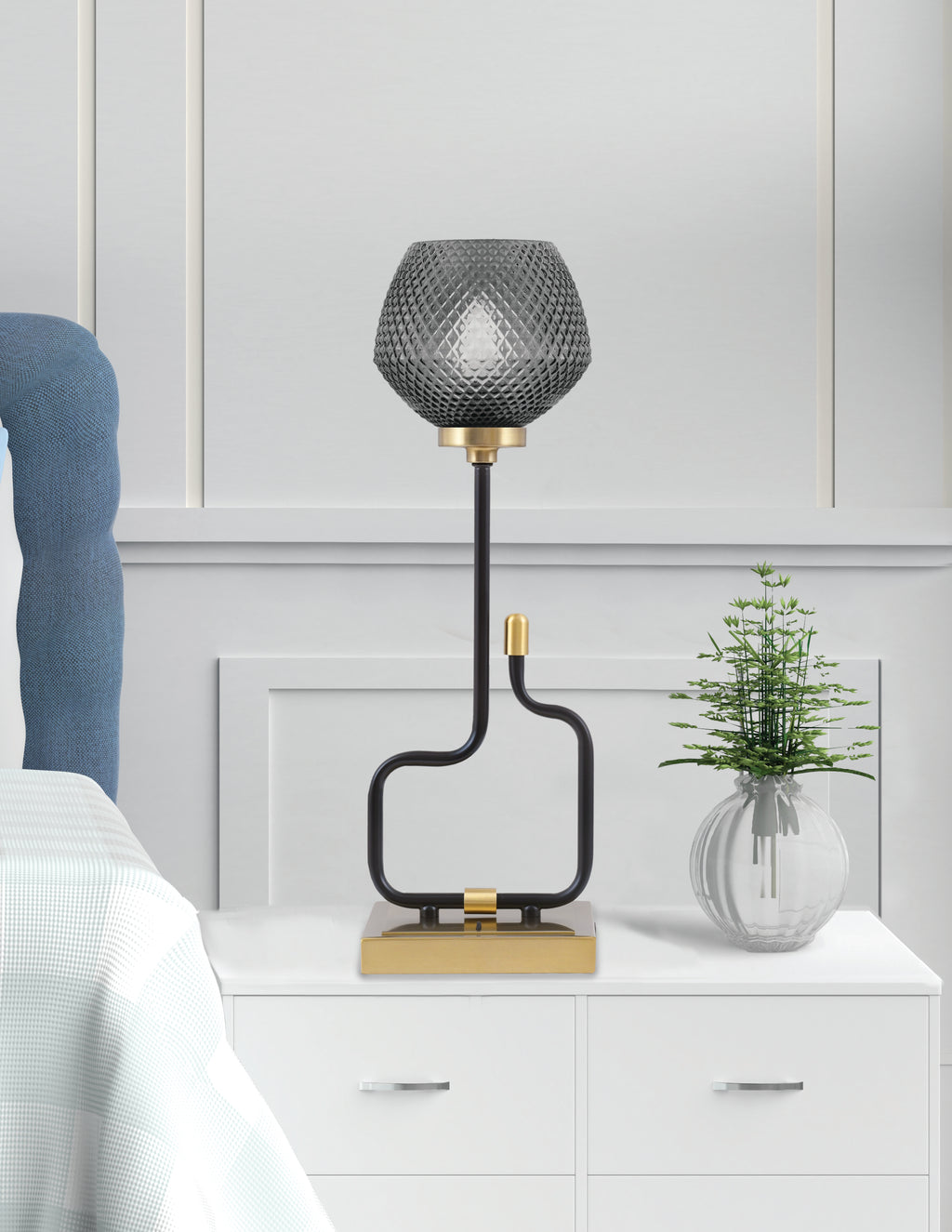 Sandia One Light Accent Lamp in Matte Black & New Age Brass with Smoke Textured Shade