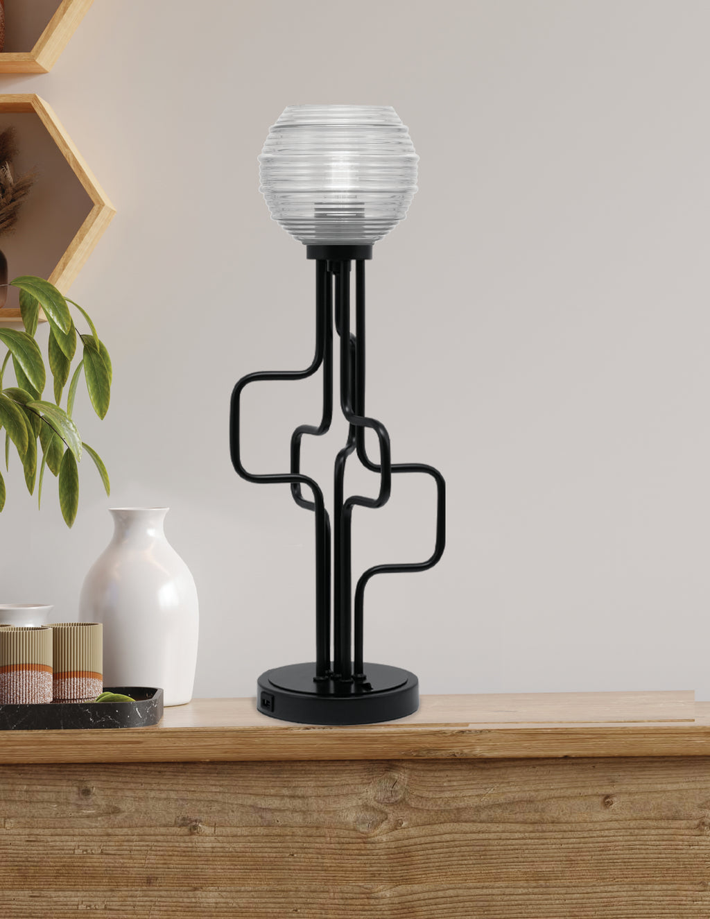 Sandia One Light Accent Lamp in Matte Black with Clear Ribbed Shade