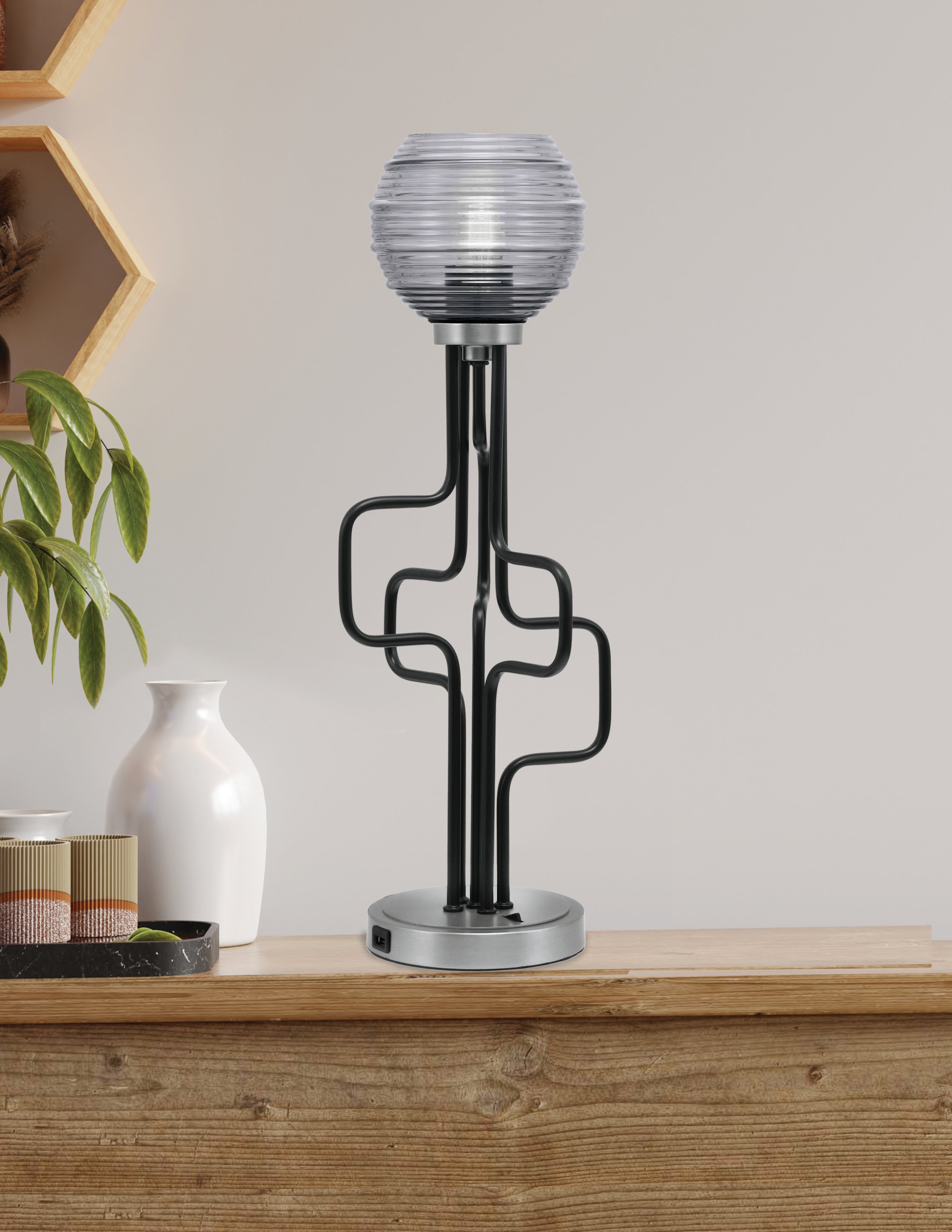 Sandia One Light Accent Lamp in Matte Black & Graphite with Smoke Ribbed Shade