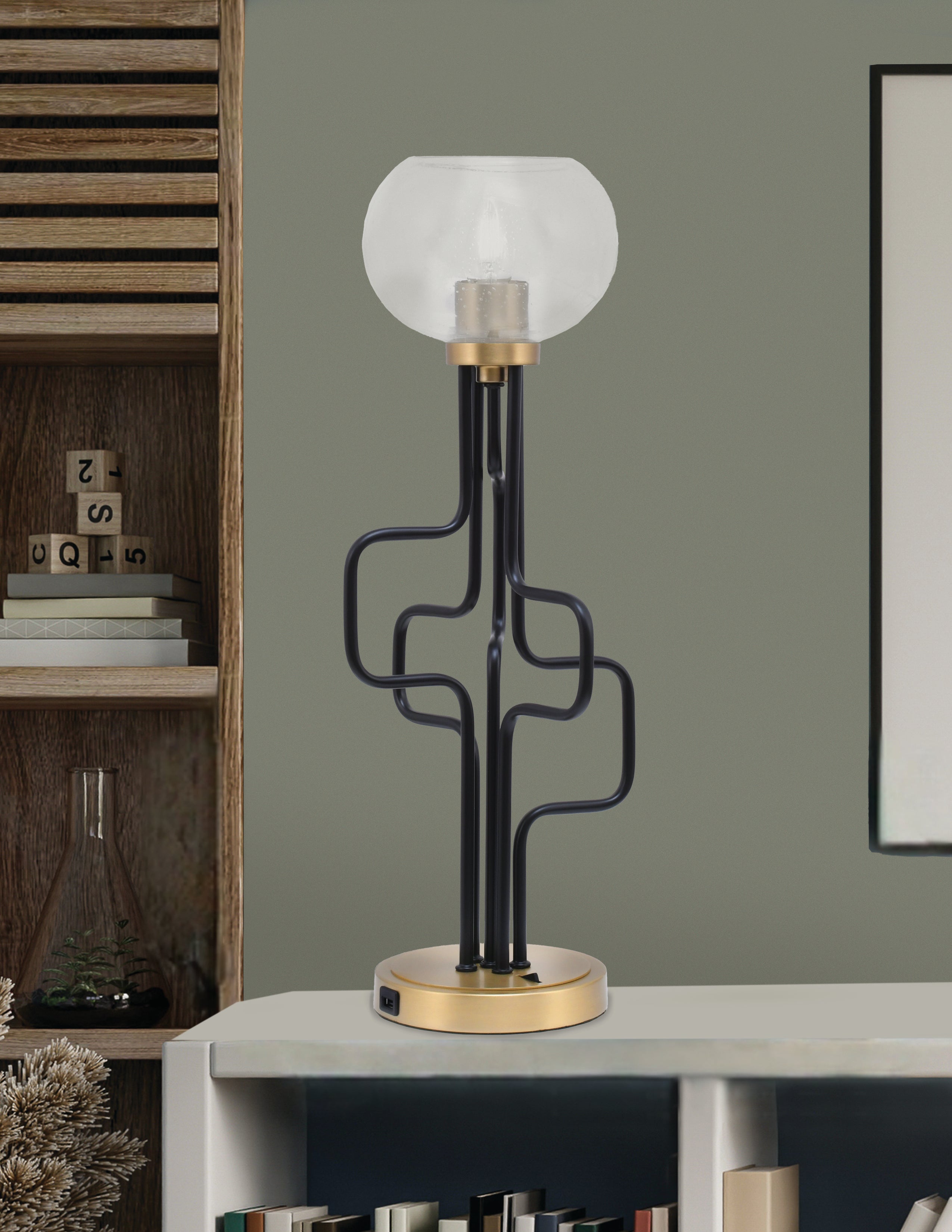Sandia One Light Accent Lamp in Matte Black & New Age Brass with Clear Bubble Shade