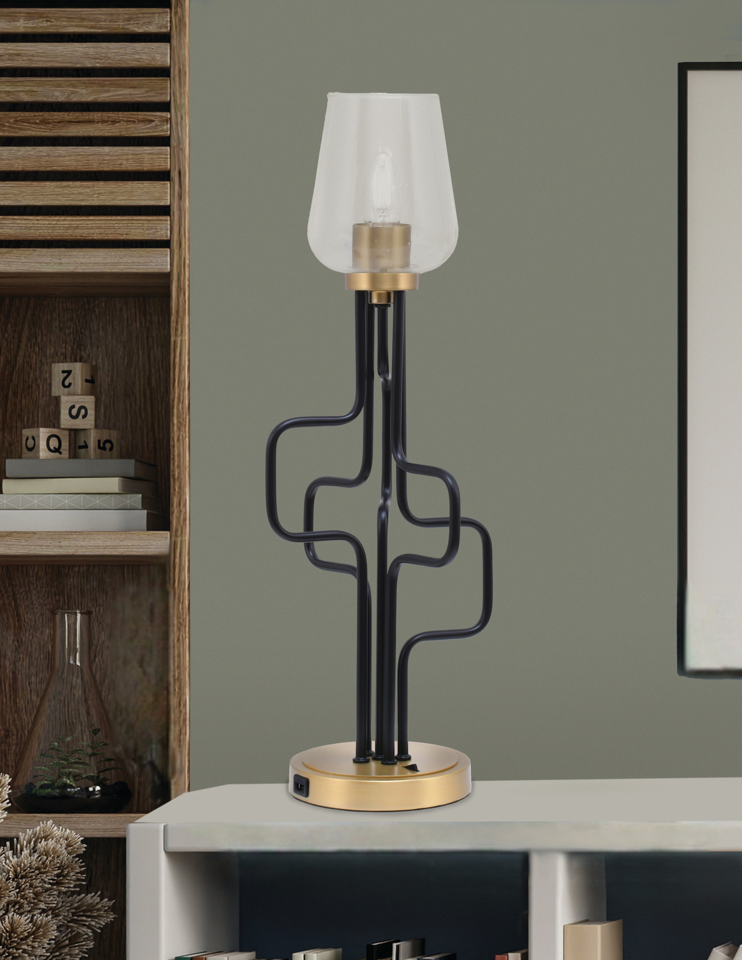 Sandia One Light Accent Lamp in Matte Black & New Age Brass with Clear Bubble Shade