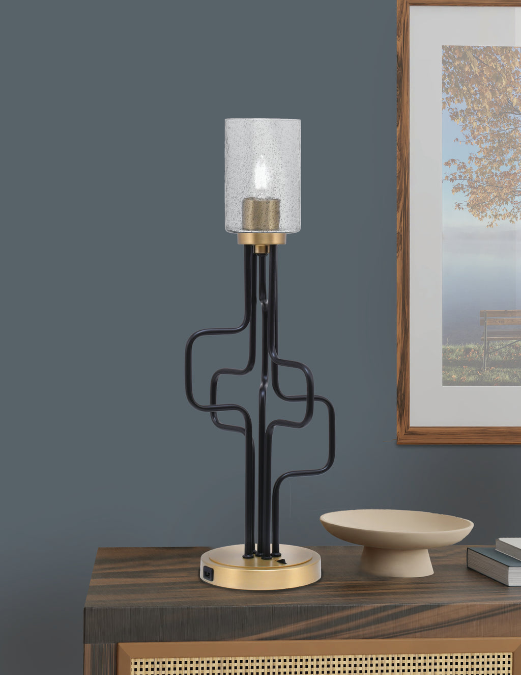 Sandia One Light Accent Lamp in Matte Black & New Age Brass with Smoke Bubble Shade