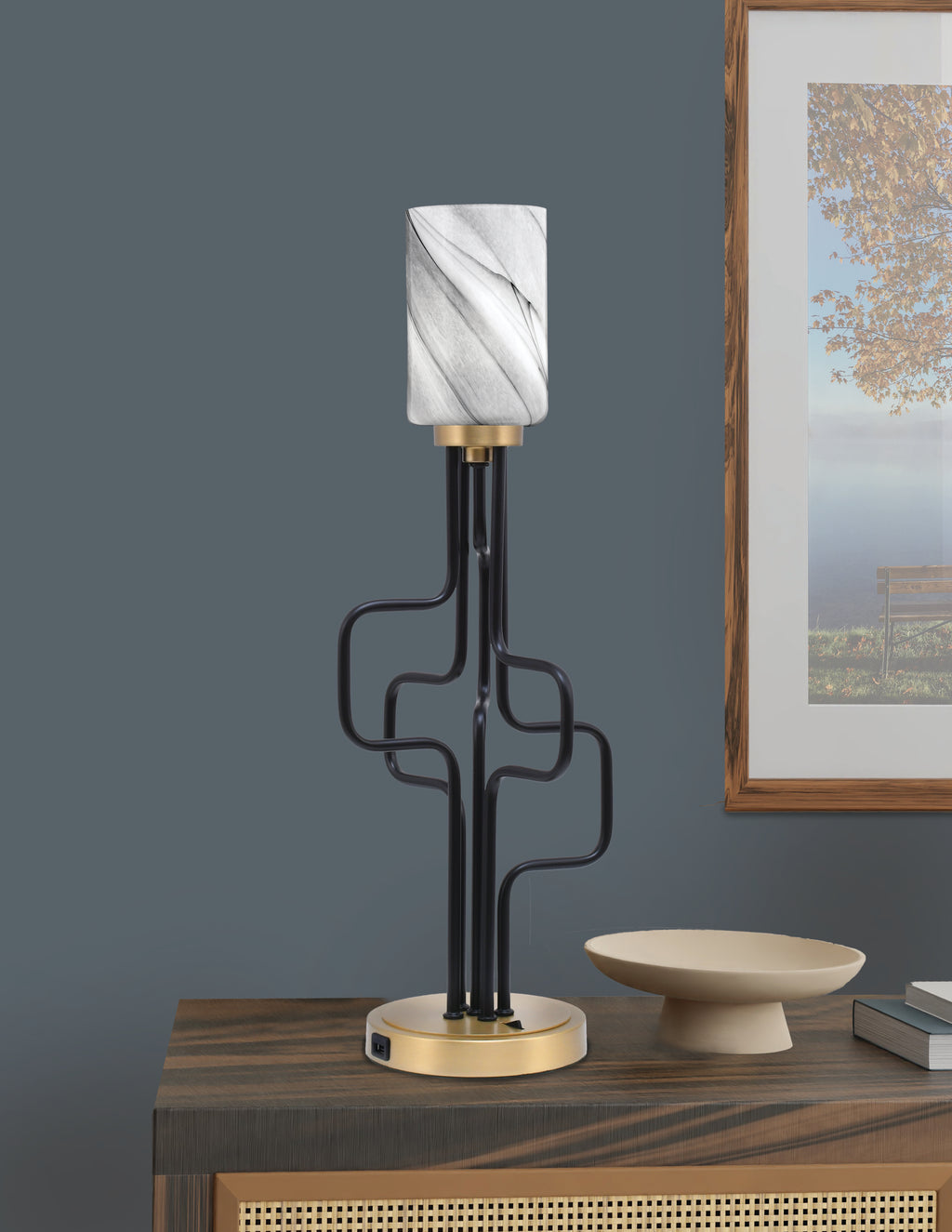 Sandia One Light Accent Lamp in Matte Black & New Age Brass with Onyx Swirl Shade