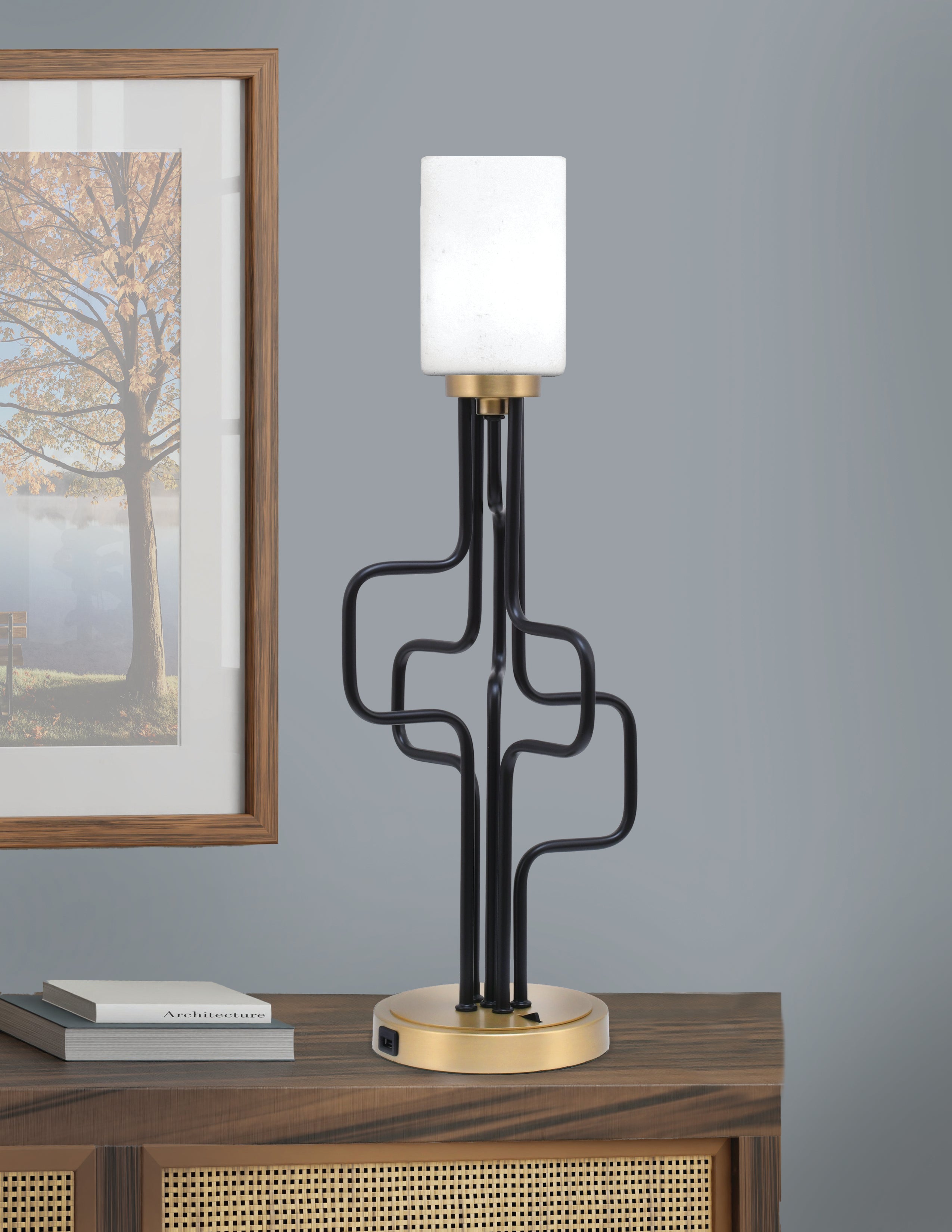 Sandia One Light Accent Lamp in Matte Black & New Age Brass with White Muslin Shade
