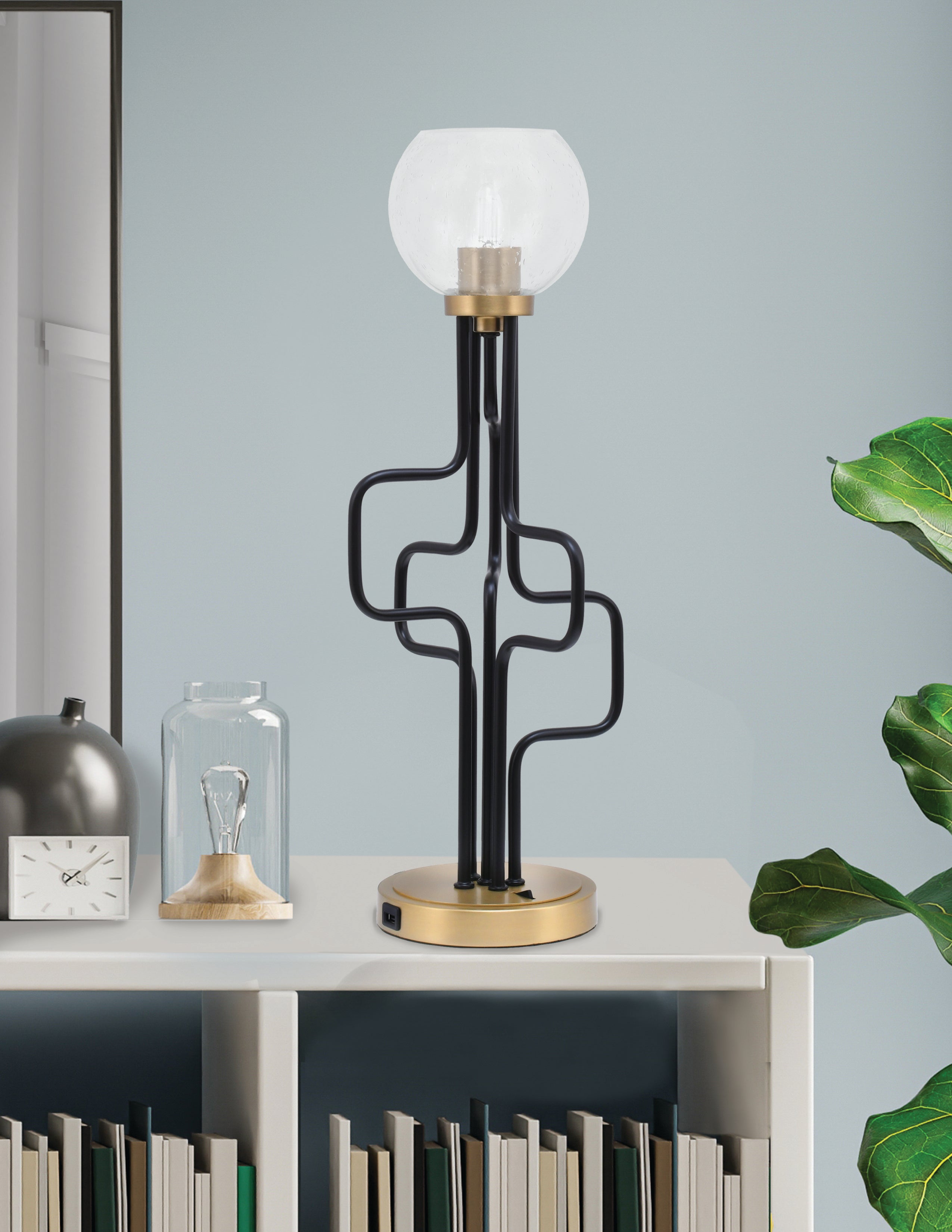 Sandia One Light Accent Lamp in Matte Black & New Age Brass with Clear Bubble Shade
