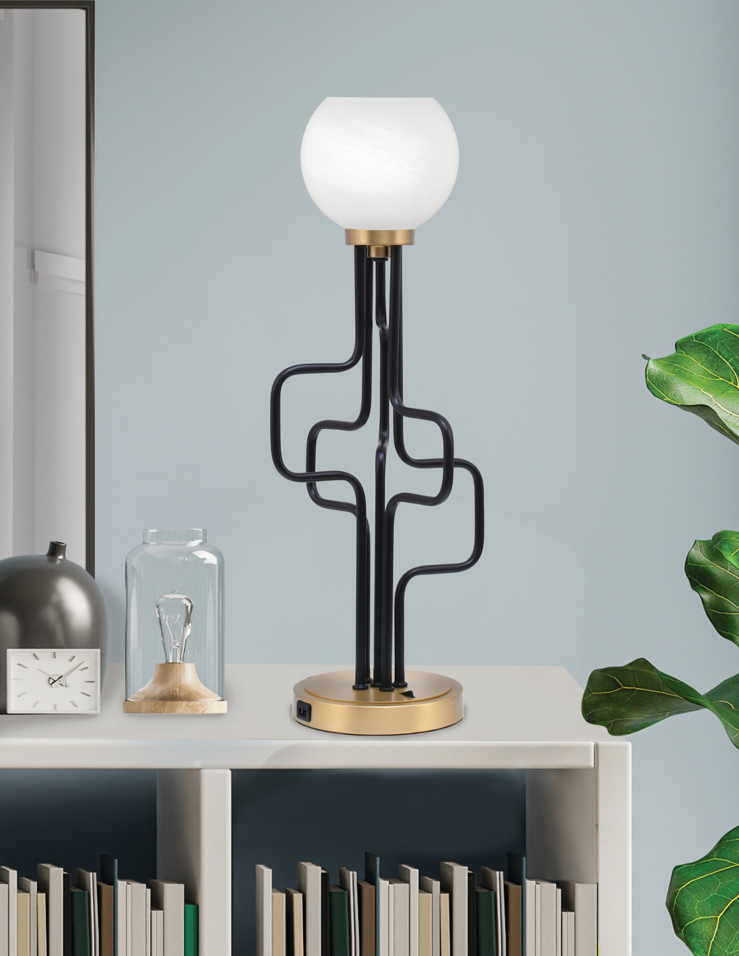 Sandia One Light Accent Lamp in Matte Black & New Age Brass with White Marble Shade