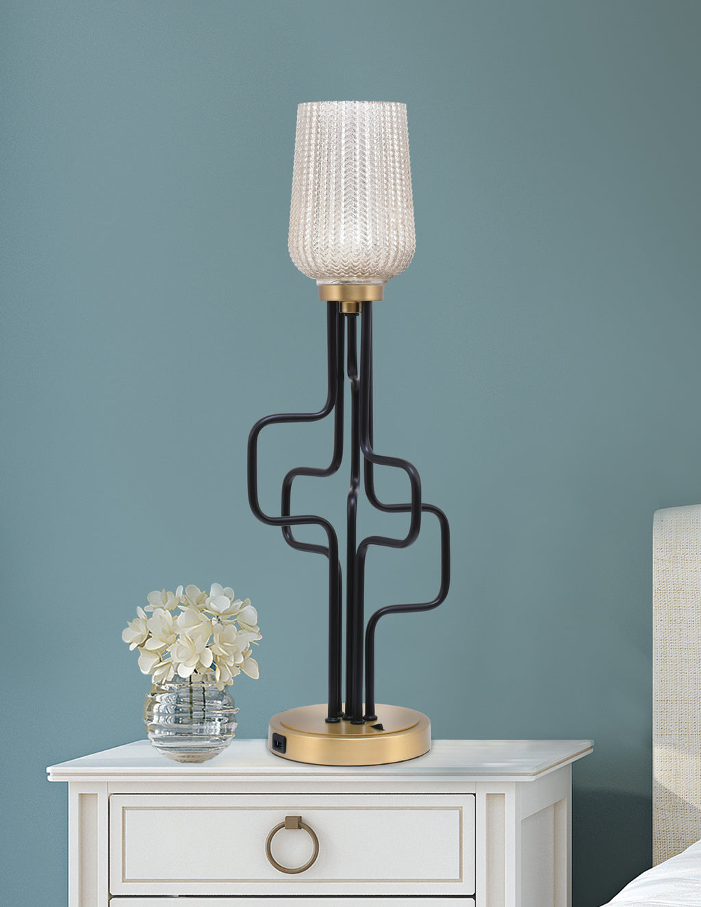Sandia One Light Accent Lamp in Matte Black & New Age Brass with Silver Textured Shade