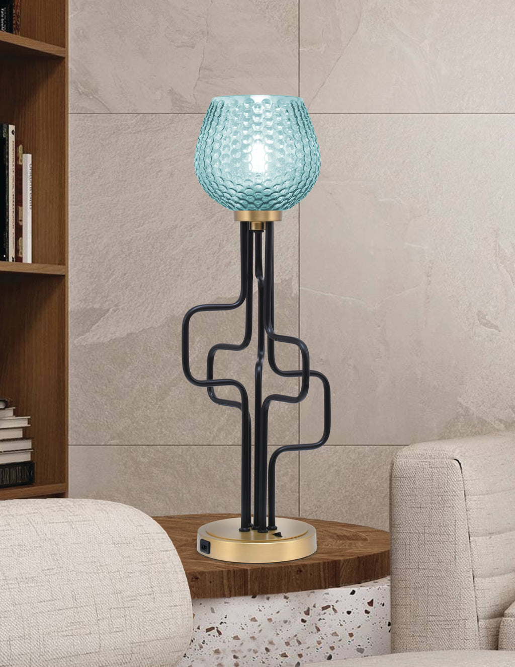Sandia One Light Accent Lamp in Matte Black & New Age Brass with Turquoise Textured Shade
