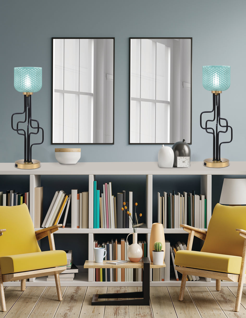 Sandia One Light Accent Lamp in Matte Black & New Age Brass with Turquoise Textured Shade