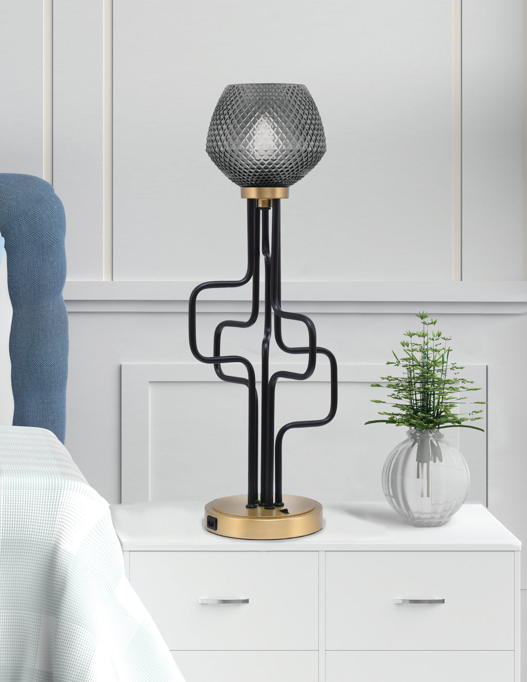 Sandia One Light Accent Lamp in Matte Black & New Age Brass with Smoke Textured Shade