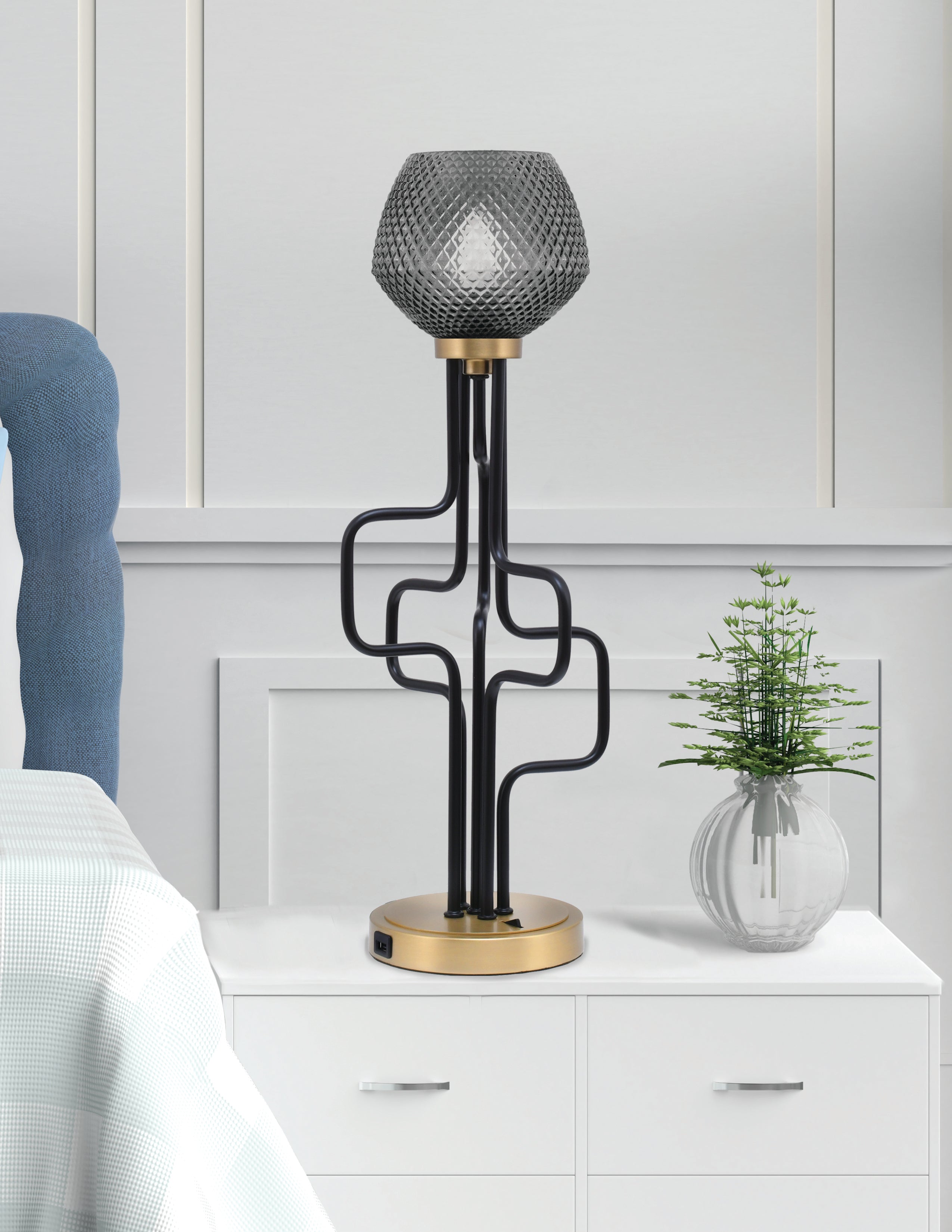 Sandia One Light Accent Lamp in Matte Black & New Age Brass with Smoke Textured Shade