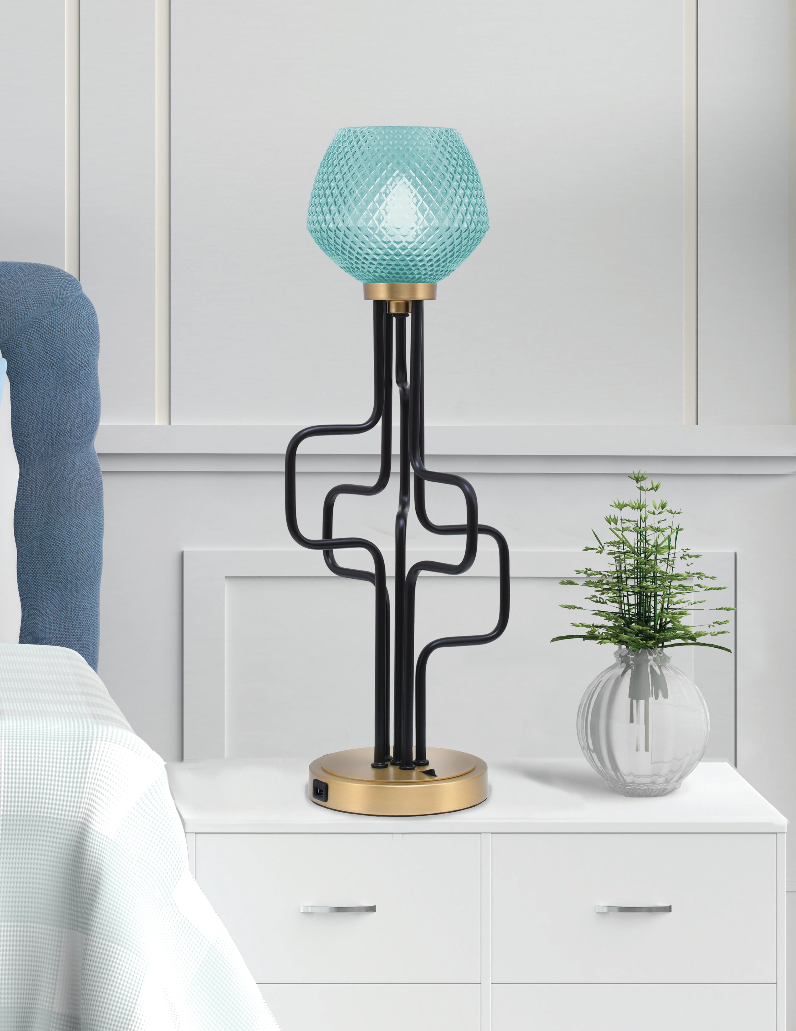 Sandia One Light Accent Lamp in Matte Black & New Age Brass with Turquoise Textured Shade