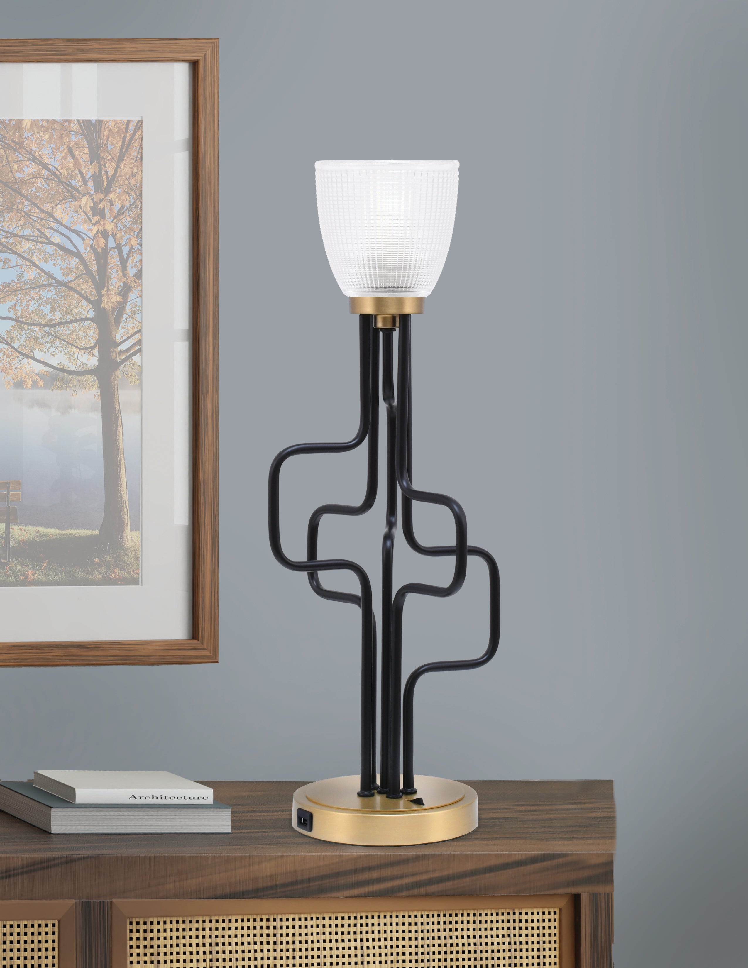Sandia One Light Accent Lamp in Matte Black & New Age Brass with Clear Ribbed Shade