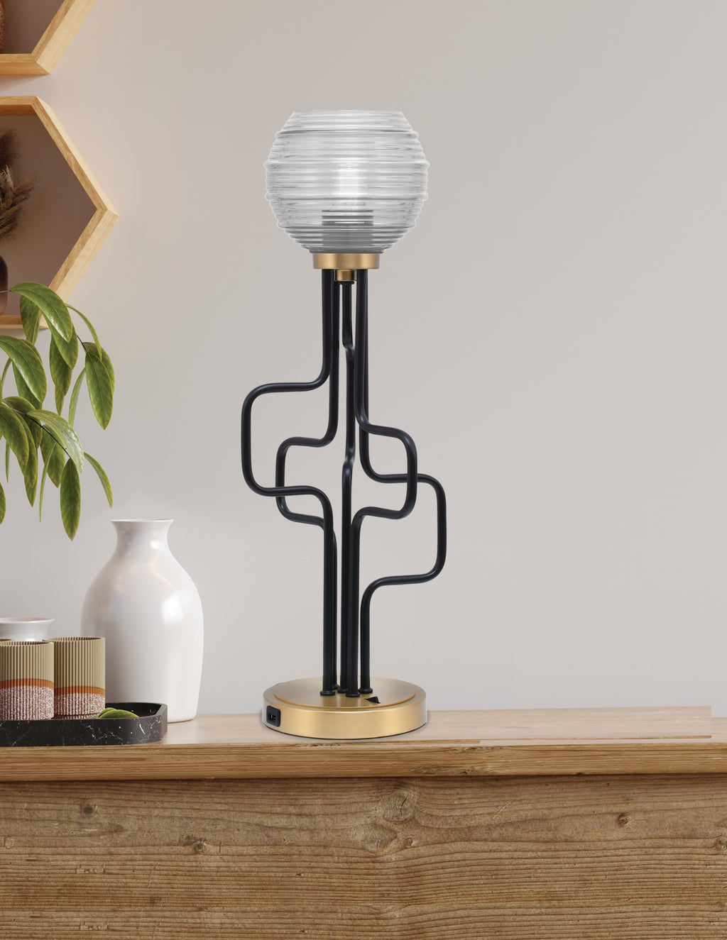 Sandia One Light Accent Lamp in Matte Black & New Age Brass with Clear Ribbed Shade