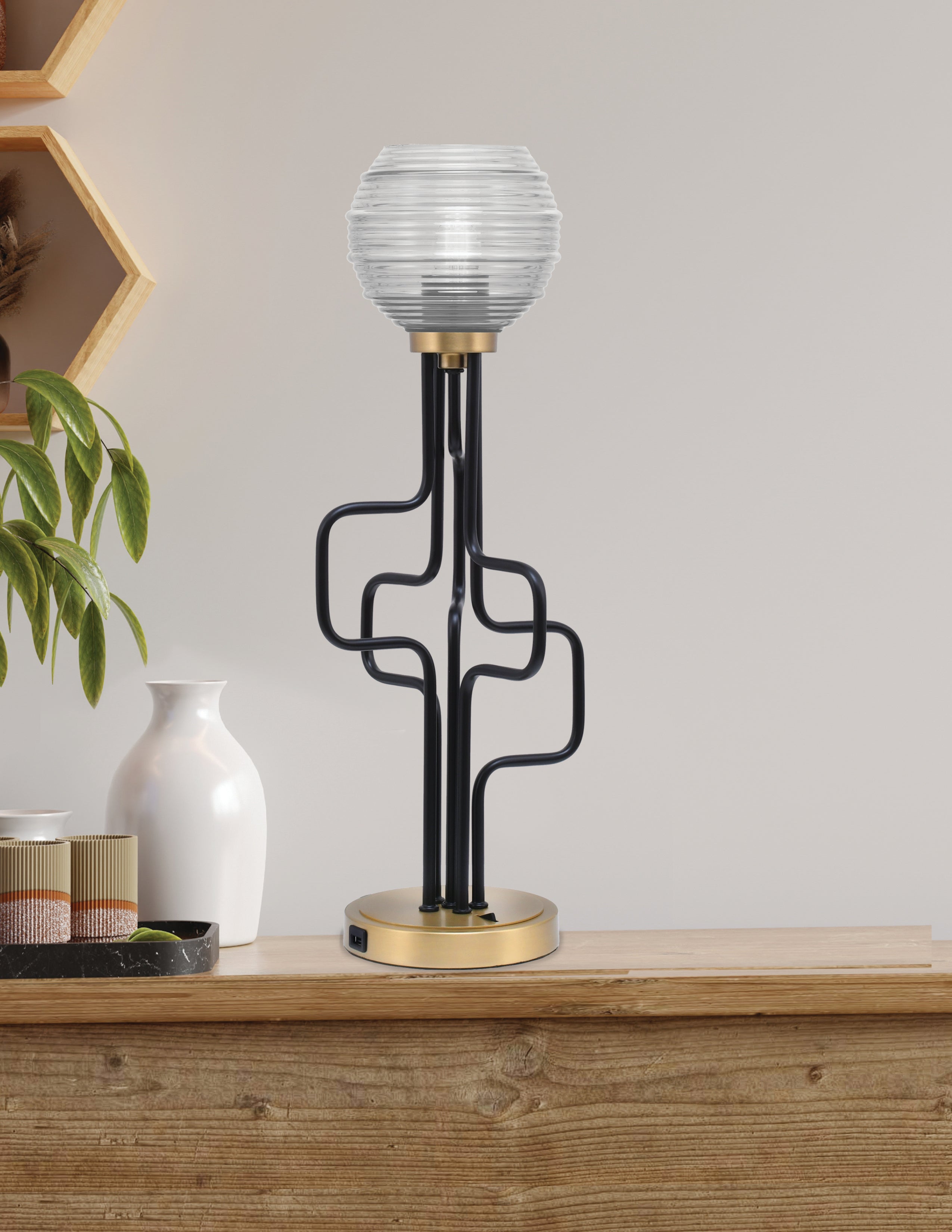 Sandia One Light Accent Lamp in Matte Black & New Age Brass with Clear Ribbed Shade