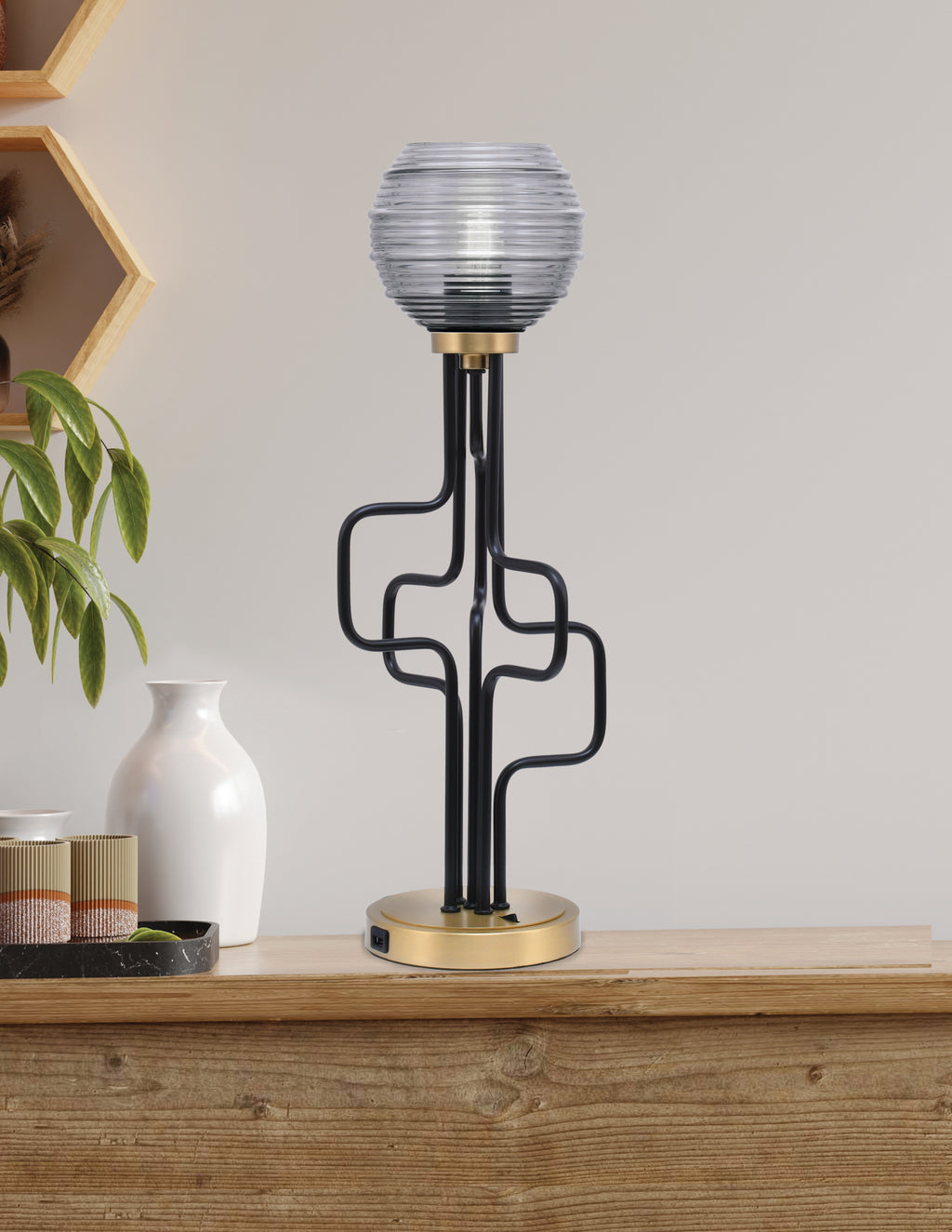 Sandia One Light Accent Lamp in Matte Black & New Age Brass with Smoke Ribbed Shade