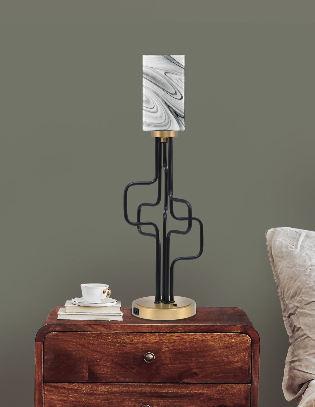 Sandia One Light Accent Lamp in Matte Black & New Age Brass with Onyx Swirl Shade