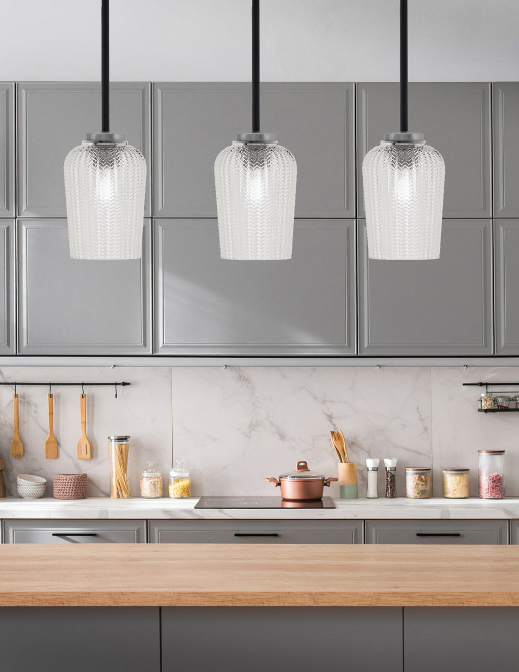 Sandia One Light Mini Pendant in Matte Black & Graphite with Clear Textured Shade