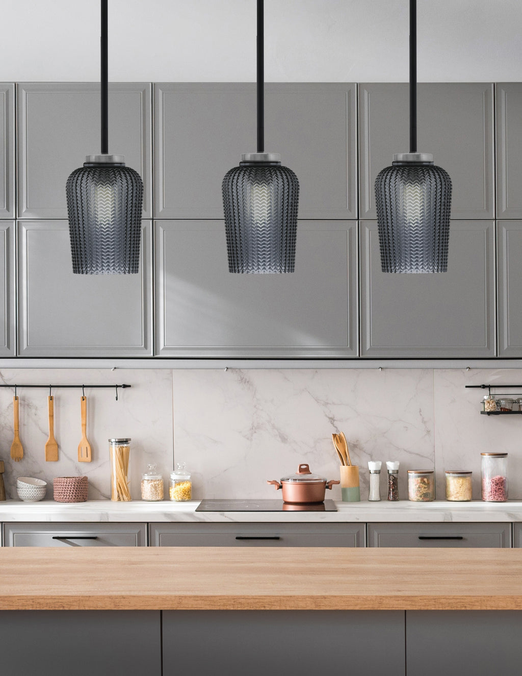 Sandia One Light Mini Pendant in Matte Black & Graphite with Smoke Textured Shade