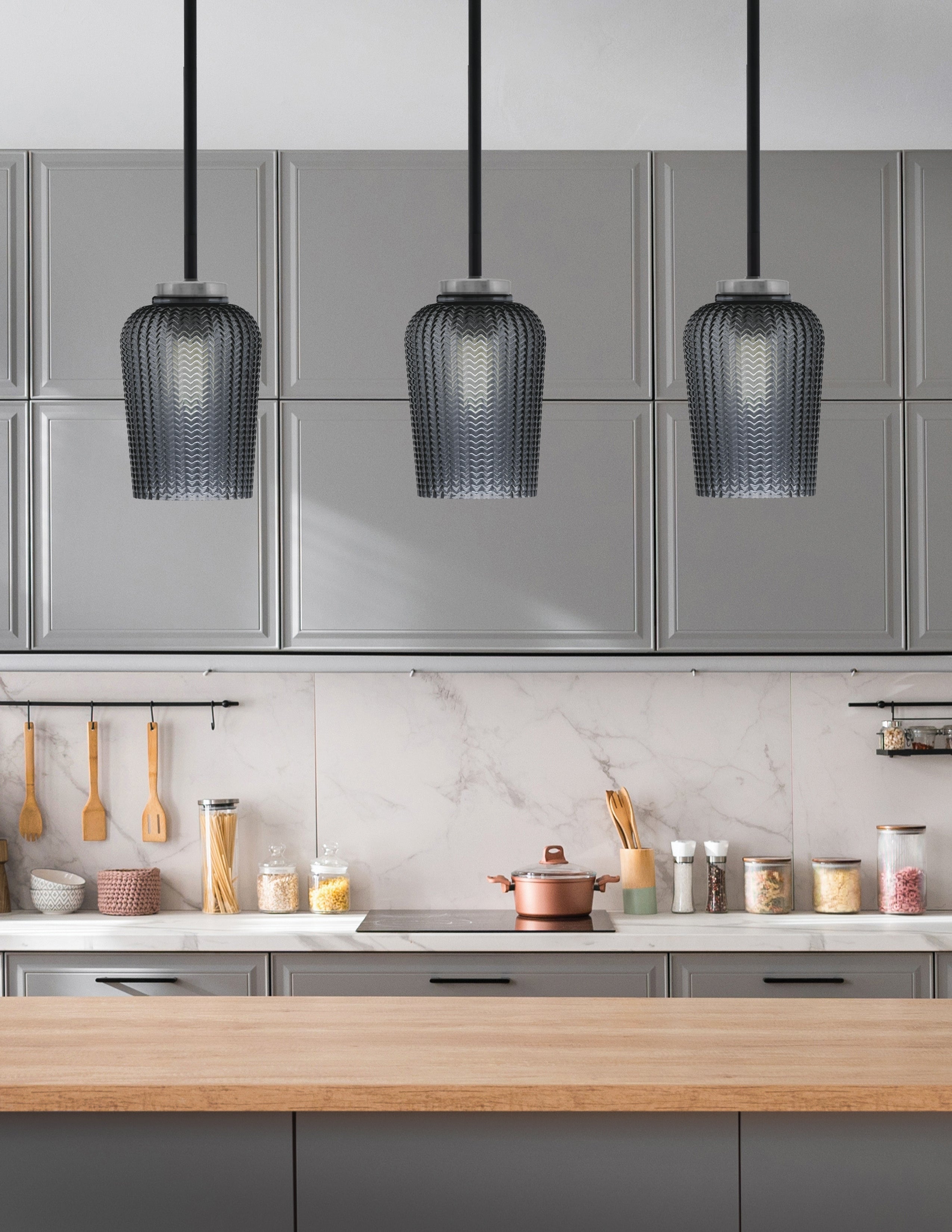 Sandia One Light Mini Pendant in Matte Black & Graphite with Smoke Textured Shade