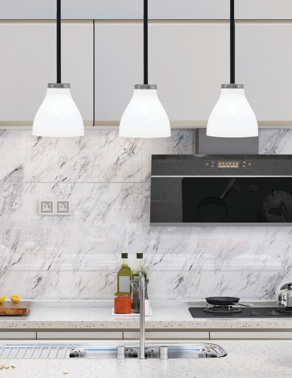 Sandia One Light Mini Pendant in Matte Black & Graphite with White Marble Shade