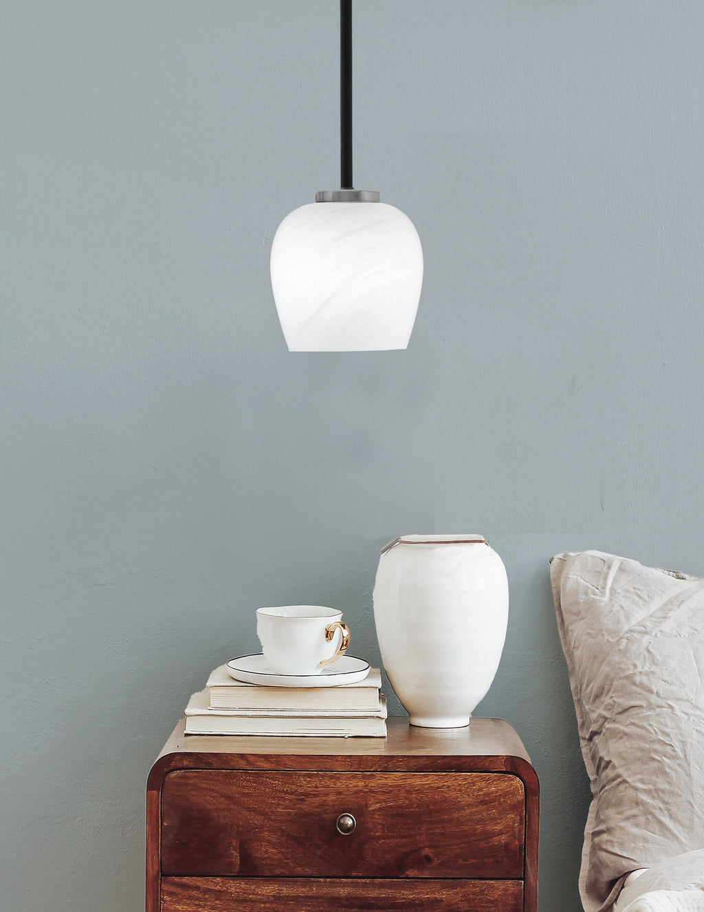 Sandia One Light Mini Pendant in Matte Black & Graphite with White Marble Shade
