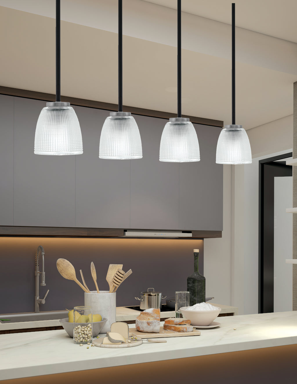 Sandia One Light Mini Pendant in Matte Black & Graphite with Clear ribbed Shade