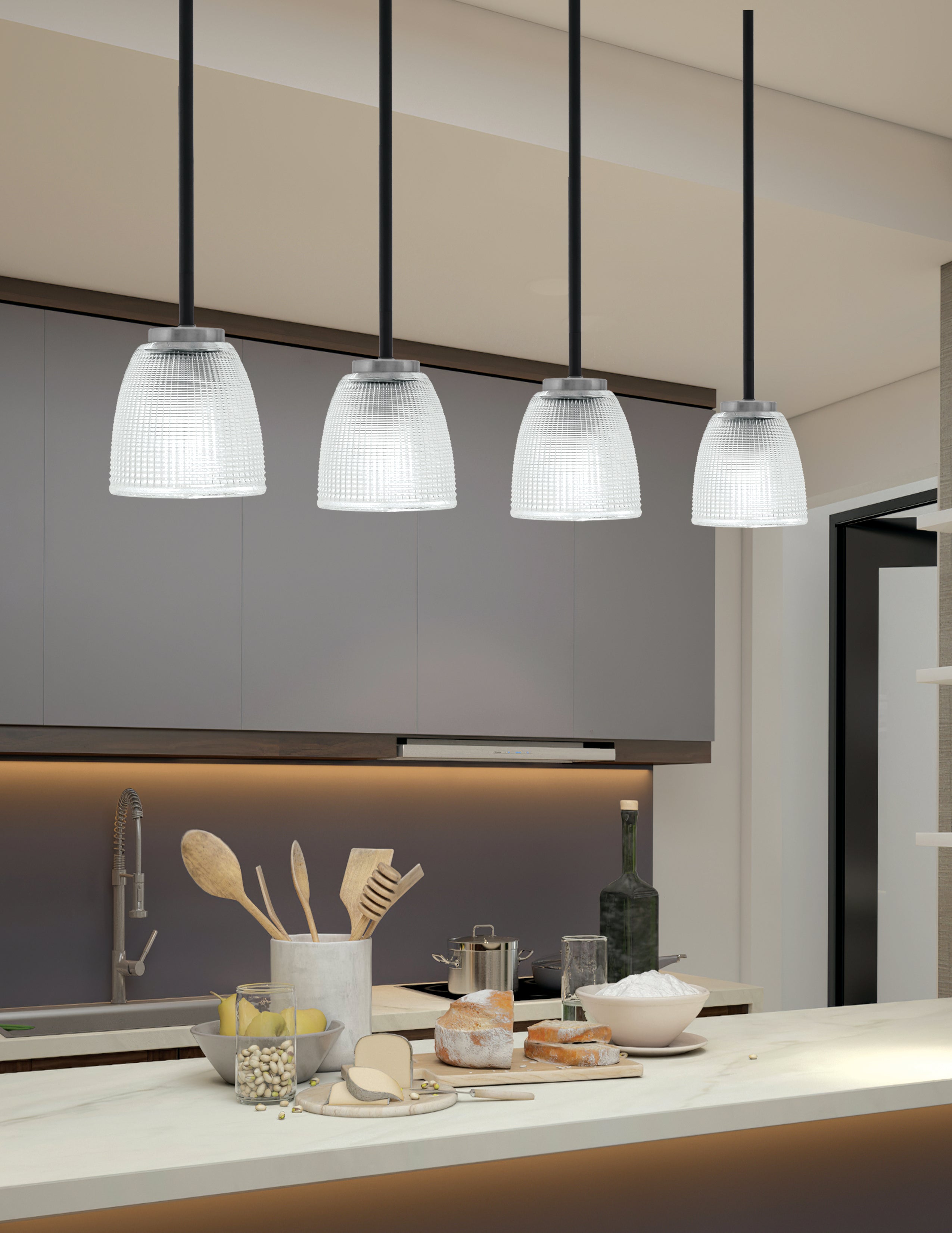 Sandia One Light Mini Pendant in Matte Black & Graphite with Clear ribbed Shade