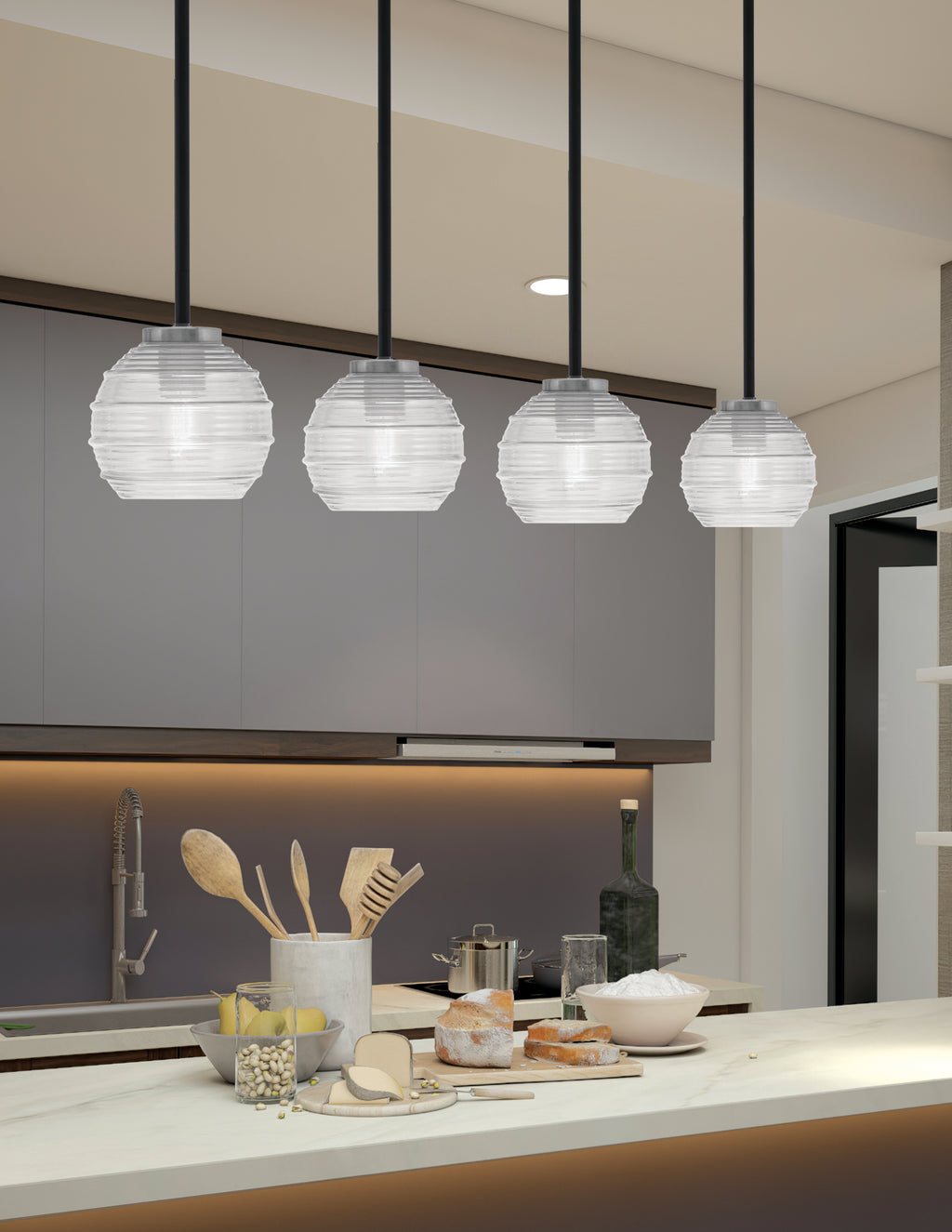 Sandia One Light Mini Pendant in Matte Black & Graphite with Clear Ribbed Shade