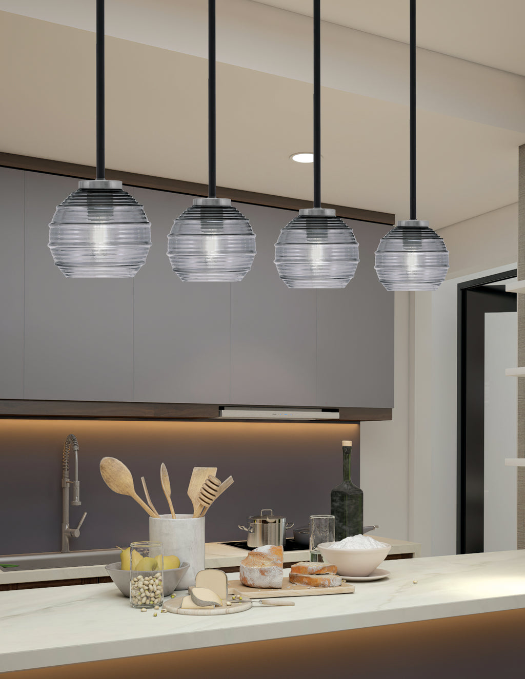 Sandia One Light Mini Pendant in Matte Black & Graphite with Smoke Ribbed Shade