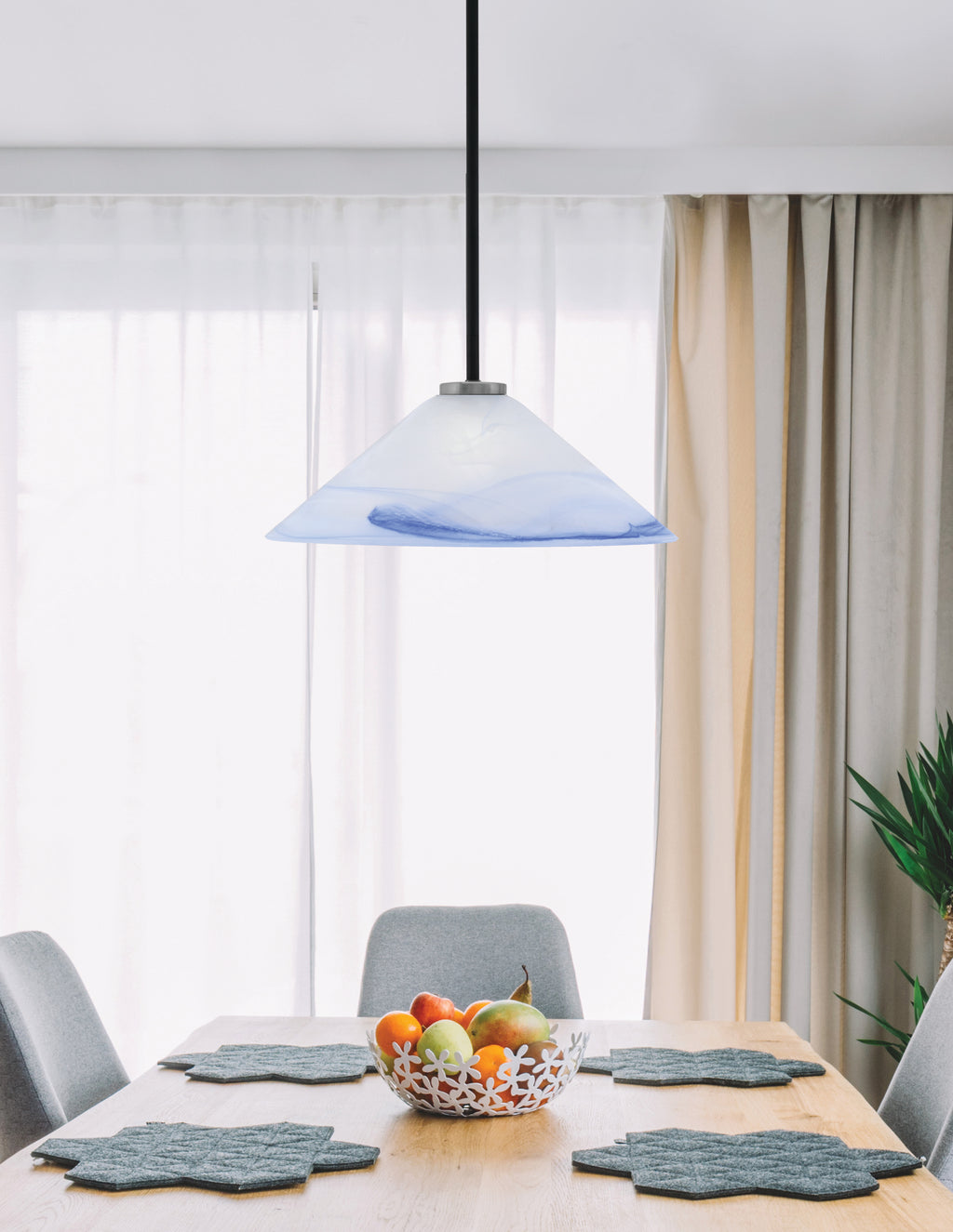 Sandia One Light Pendant in Matte Black & Graphite with Blue Swirl Shade