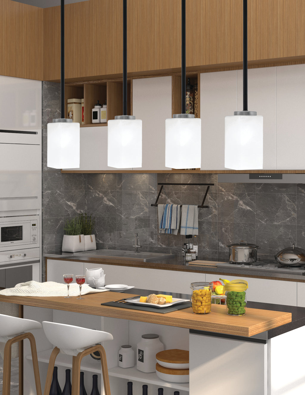 Sandia One Light Mini Pendant in Matte Black & Graphite with White Marble Shade