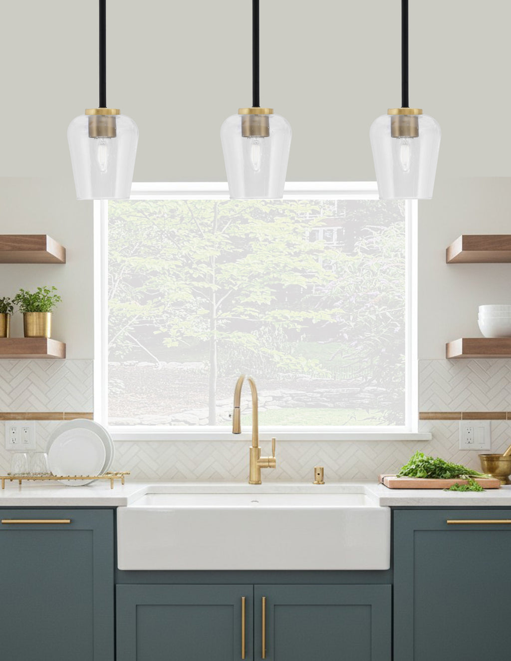 Sandia One Light Mini Pendant in Matte Black & New Age Brass with Clear Bubble Shade