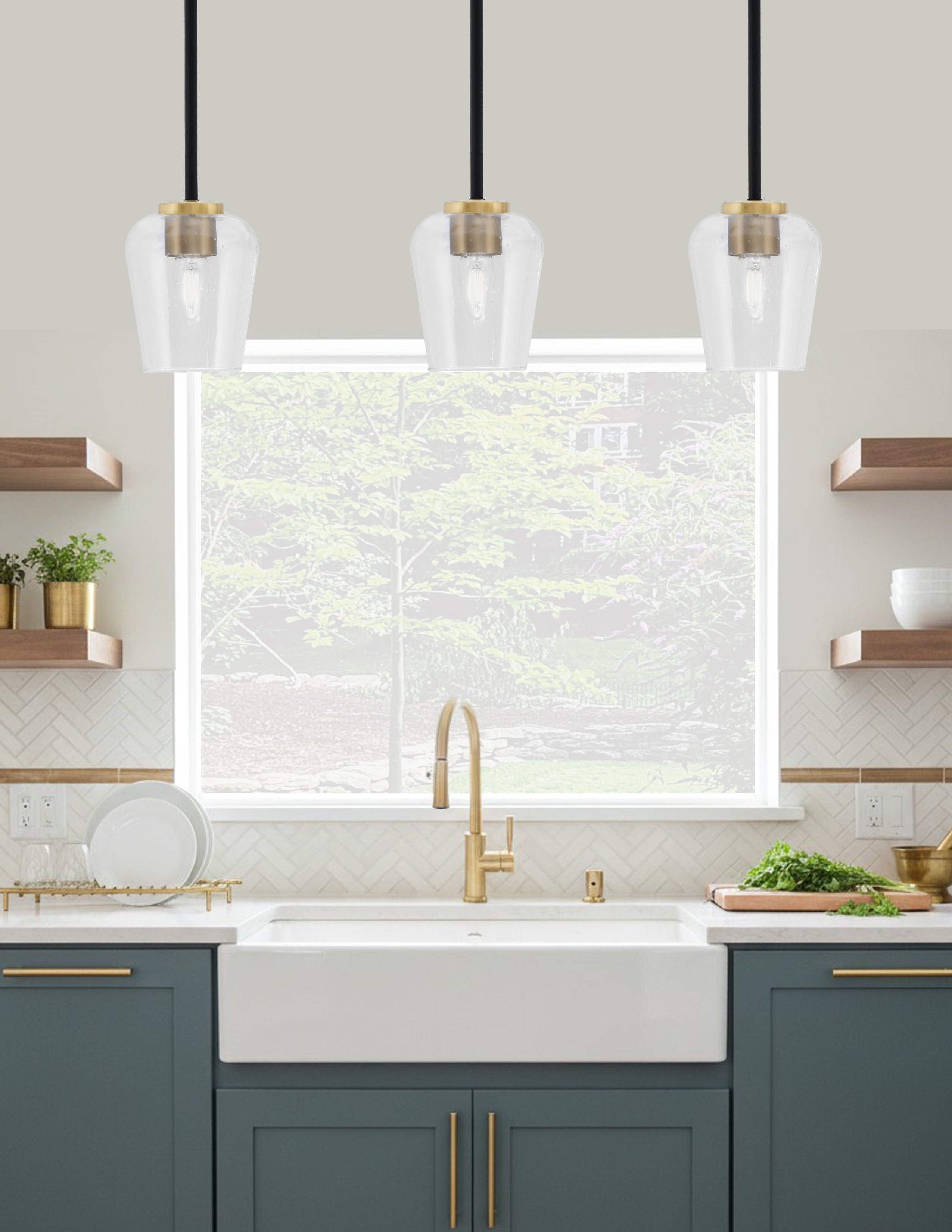 Sandia One Light Mini Pendant in Matte Black & New Age Brass with Clear Bubble Shade