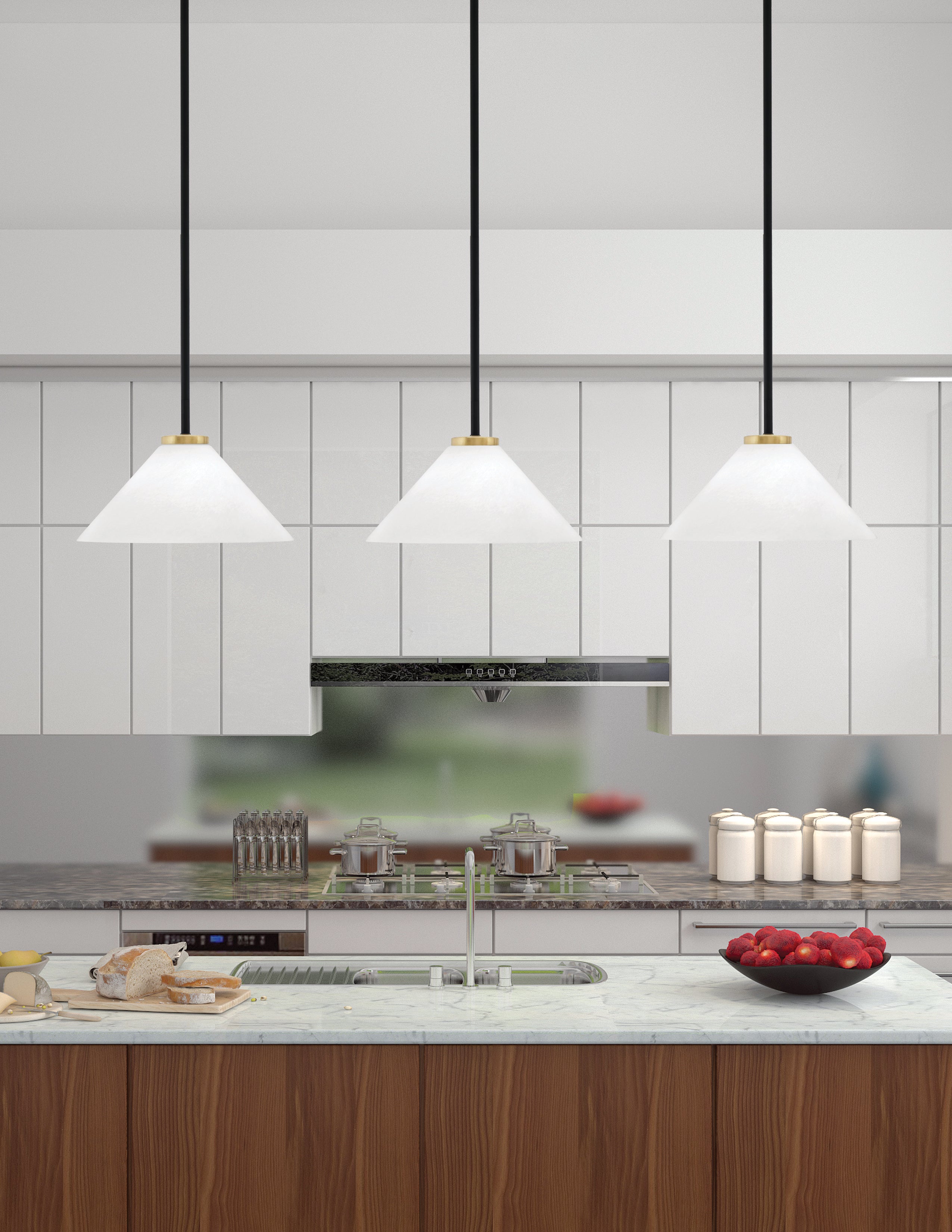 Sandia One Light Mini Pendant in Matte Black & New Age Brass with White Marble Shade