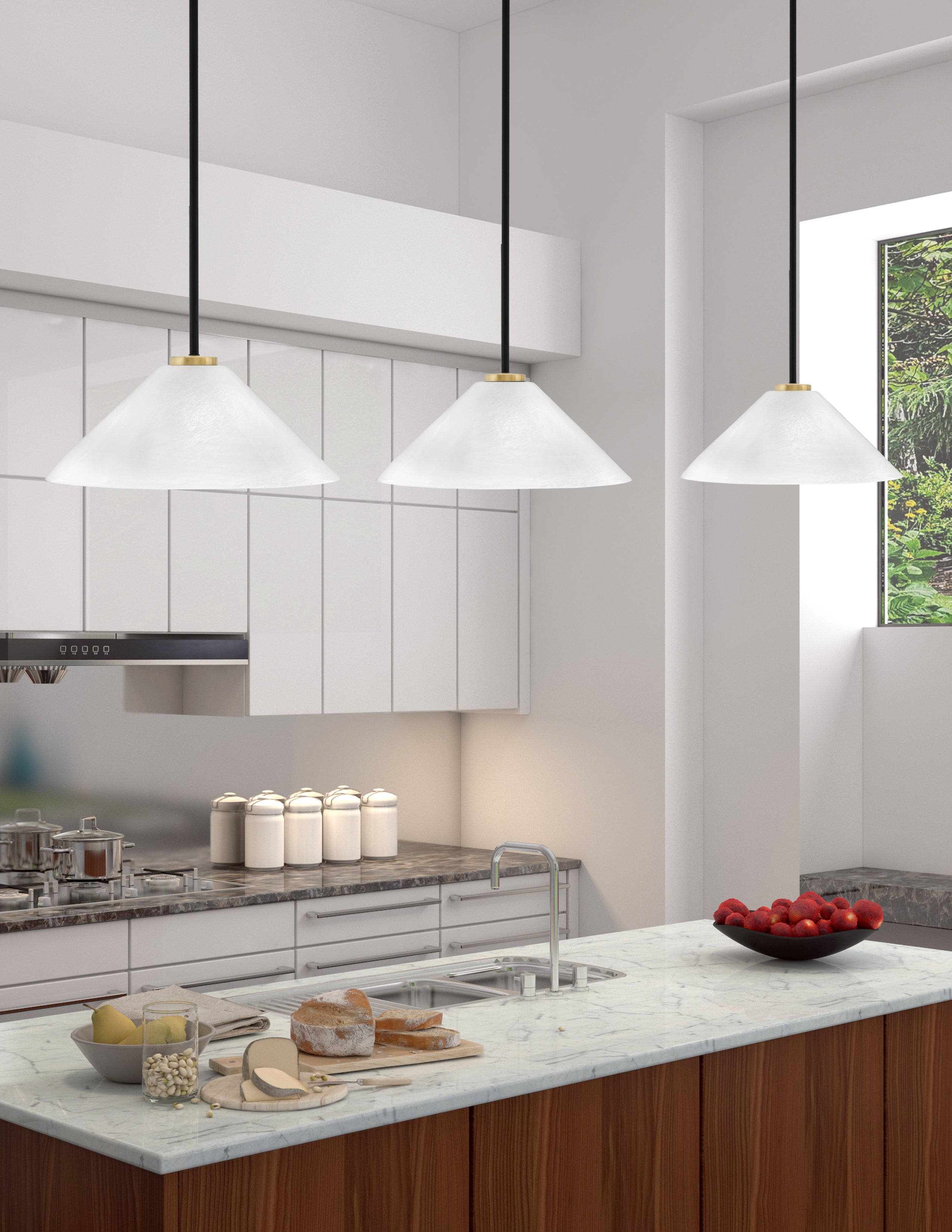 Sandia One Light Pendant in Matte Black & New Age Brass with White Marble Shade