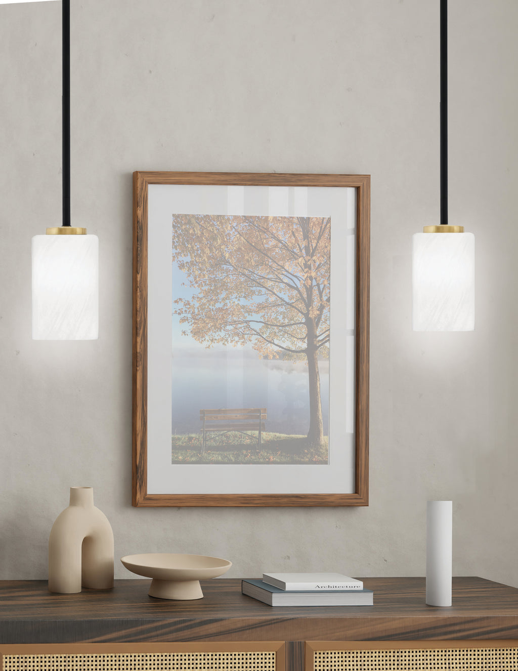 Sandia One Light Mini Pendant in Matte Black & New Age Brass with White Marble Shade