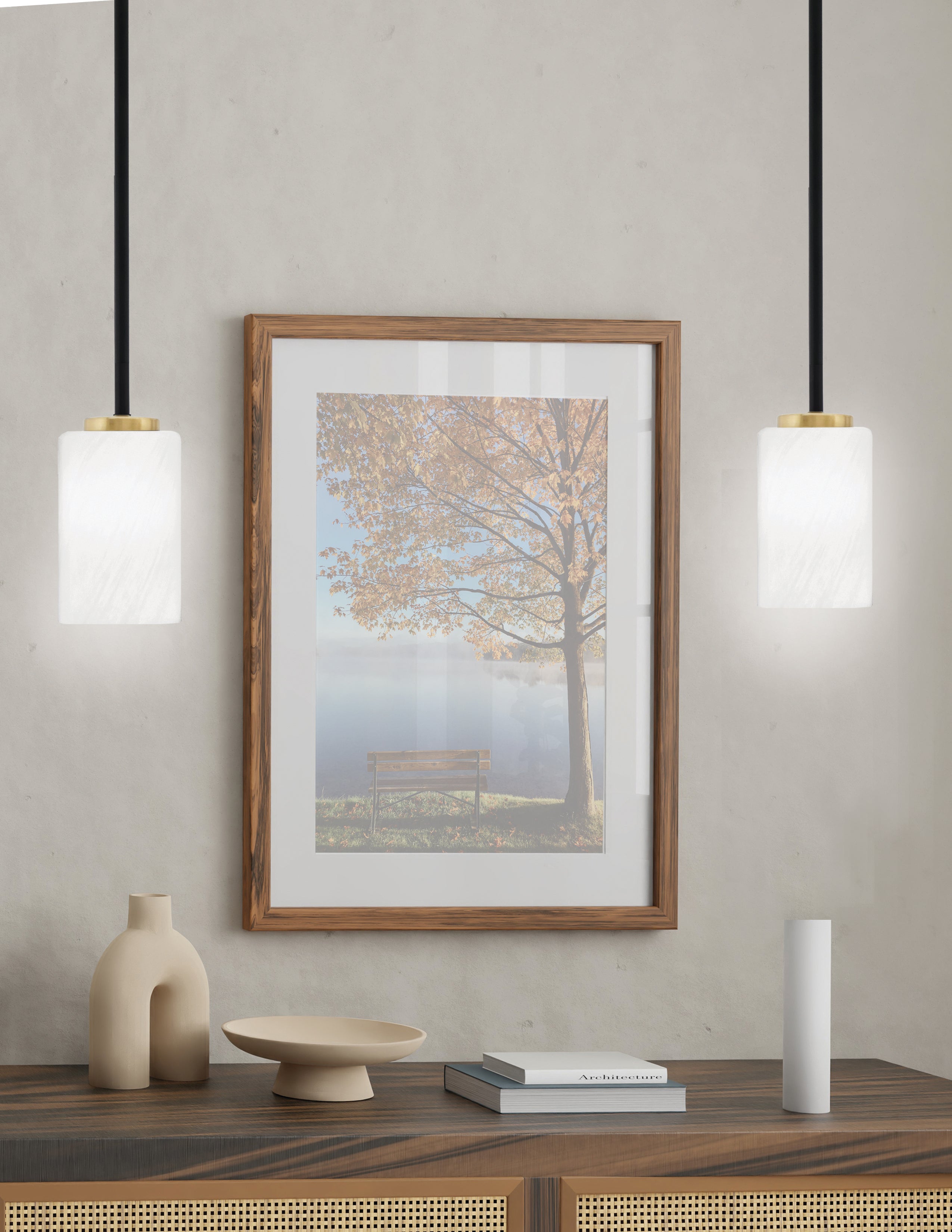Sandia One Light Mini Pendant in Matte Black & New Age Brass with White Marble Shade