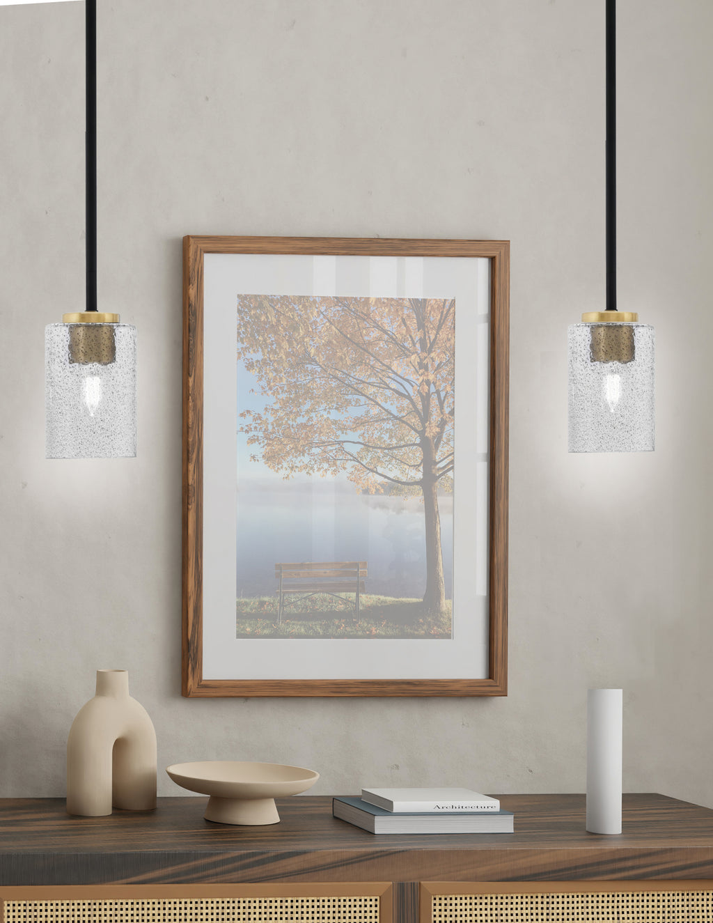Sandia One Light Mini Pendant in Matte Black & New Age Brass with Smoke Bubble Shade