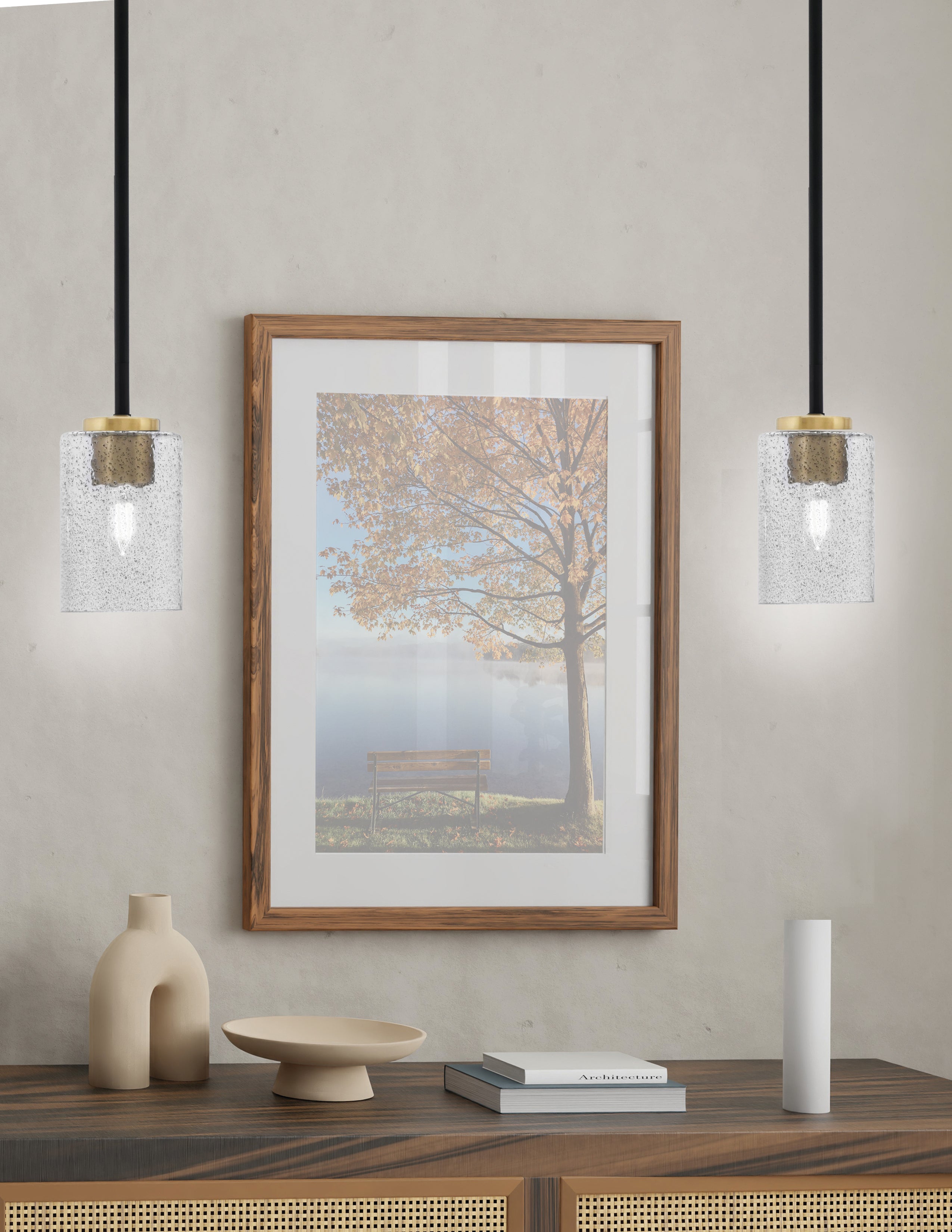 Sandia One Light Mini Pendant in Matte Black & New Age Brass with Smoke Bubble Shade