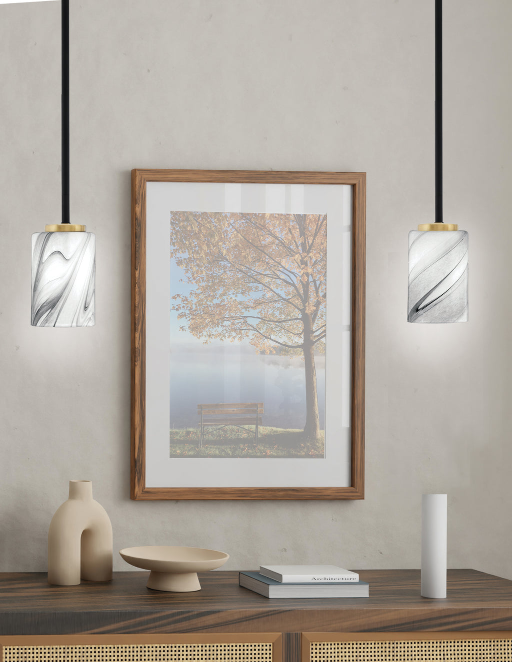 Sandia One Light Mini Pendant in Matte Black & New Age Brass with Onyx Swirl Shade